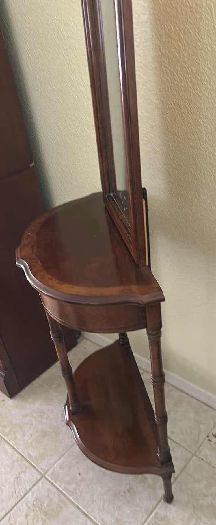 Photo 1 of VINTAGE BUTLER SPECIALTY CO DEMILUNE CONSOLE TABLE W ATTACHED MIRROR & FAUX BAMBOO STYLE LEGS 18" X 70" RETAIL $585