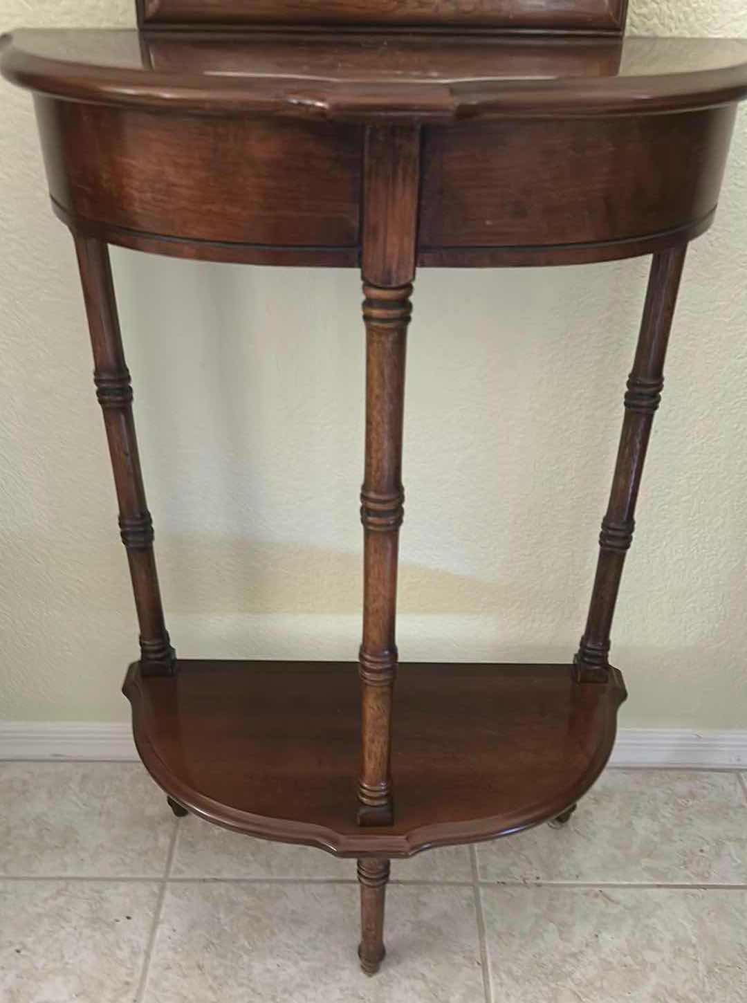 Photo 1 of VINTAGE BUTLER SPECIALTY CO DEMILUNE CONSOLE TABLE W ATTACHED MIRROR & FAUX BAMBOO STYLE LEGS 18" X 70" RETAIL $585