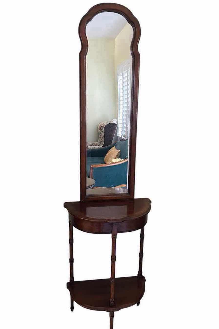 Photo 1 of VINTAGE BUTLER SPECIALTY CO DEMILUNE CONSOLE TABLE W ATTACHED MIRROR & FAUX BAMBOO STYLE LEGS 18" X 70" RETAIL $585