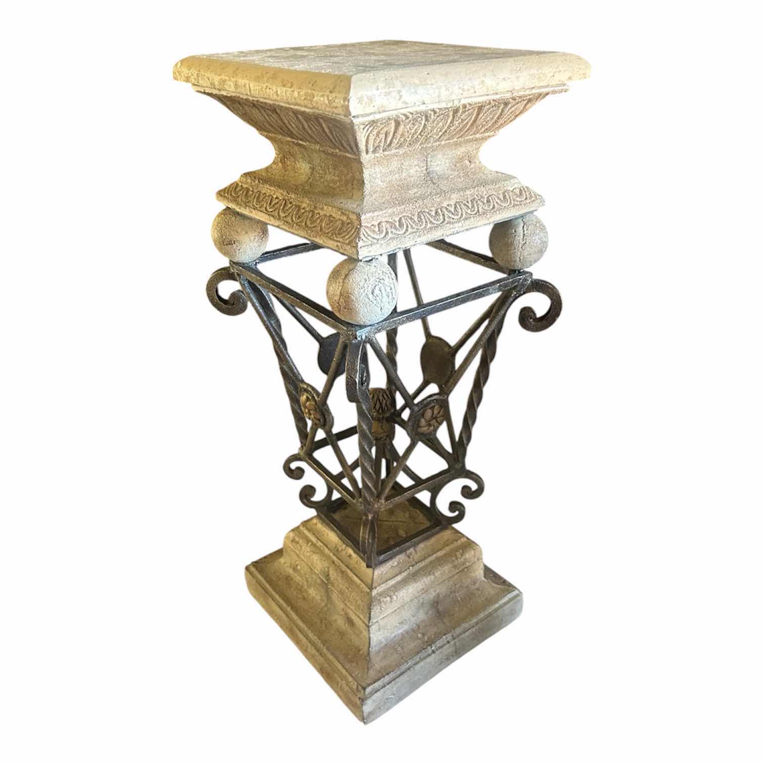 Photo 1 of VINTAGE NEO CLASSICAL STYLE STAND W STONE FINISH COMPOSITION TOP BASE W ORNATE METAL PEDESTAL H 30"