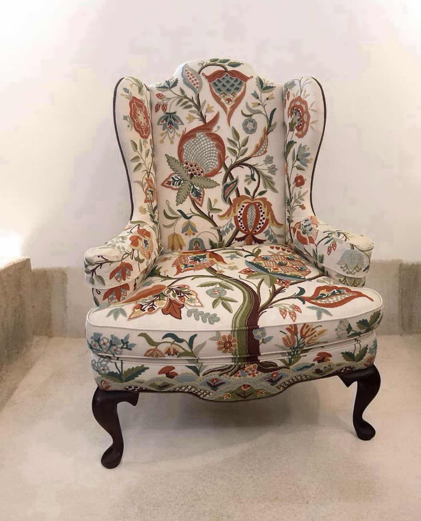 Photo 1 of WOODMARK ORIGINALS "TREE OF LIFE" WINGBACK CHAIR W CREWELWORK UPHOLSTERY