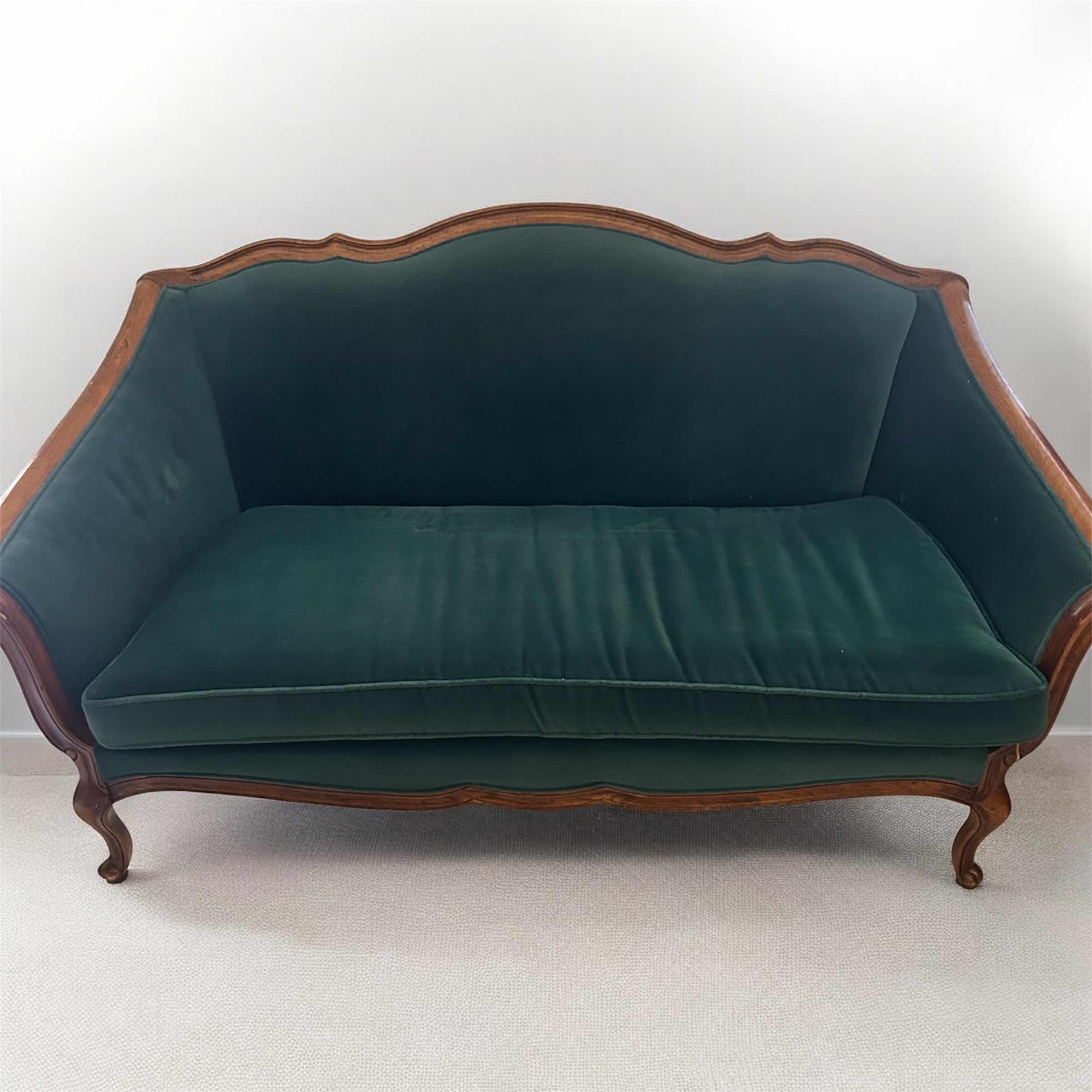 Photo 1 of FRENCH LOUIS XV SETTE W DISTINCTIVE DARK GREEN VELVET UPHOLSTERY CARVED WOODEN FRAME 60"X 30" RETAIL $1200