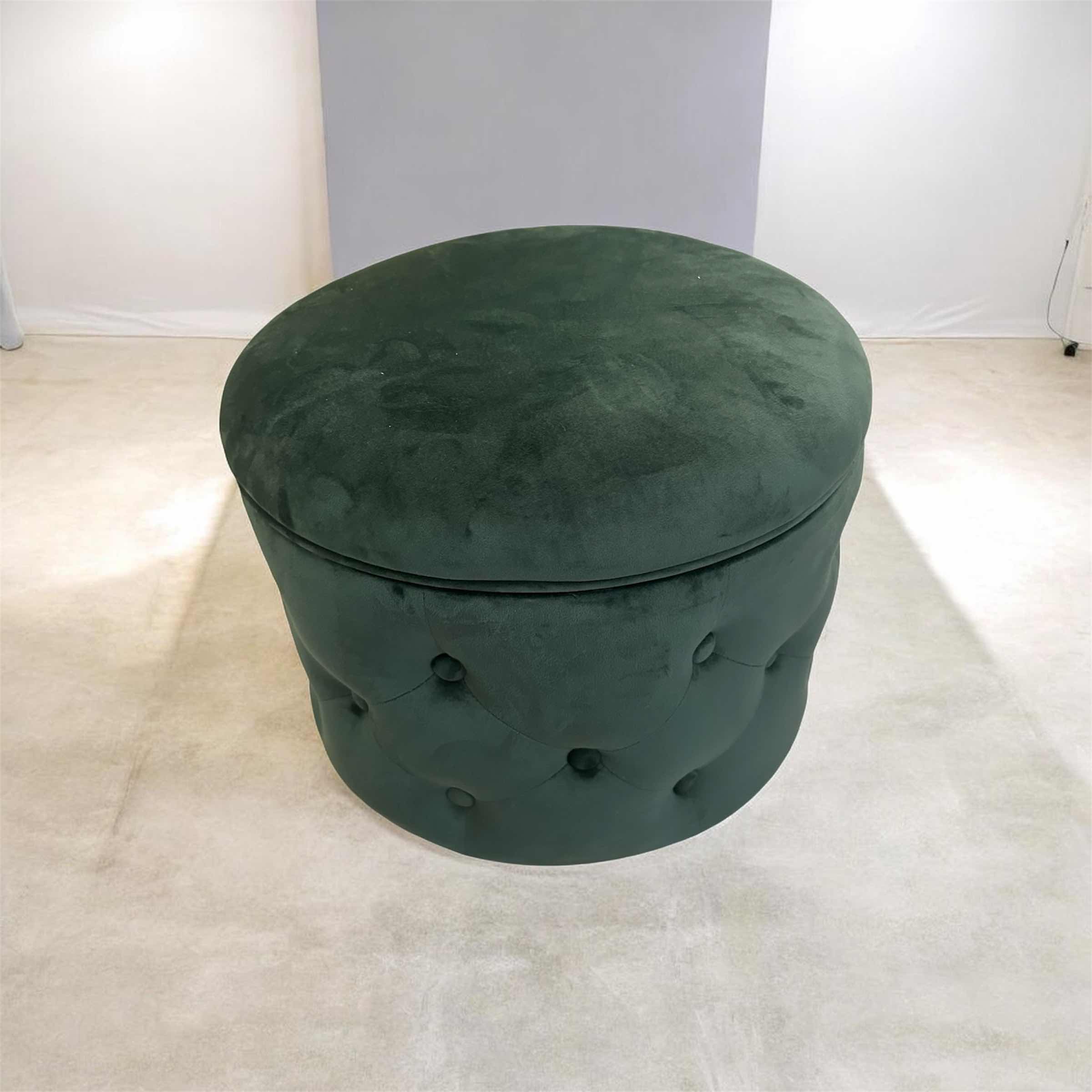 Photo 1 of HOMEBEEZ ROUND GREEN VELVET STORAGE OTTOMAN W HIDDEN COMPARTMENT  16" X 12"