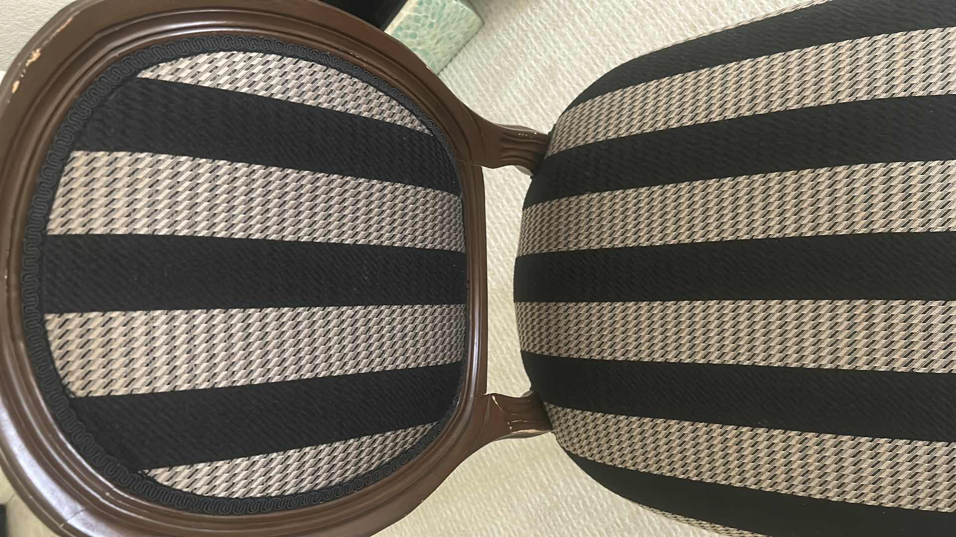View 3 of VINTAGE FRENCH PROVINCIAL STYLE ACCENT CHAIR W CARVED DARK WOOD BLACK BEIGE STRIPED UPHOLSTERED SEAT OVAL BACK