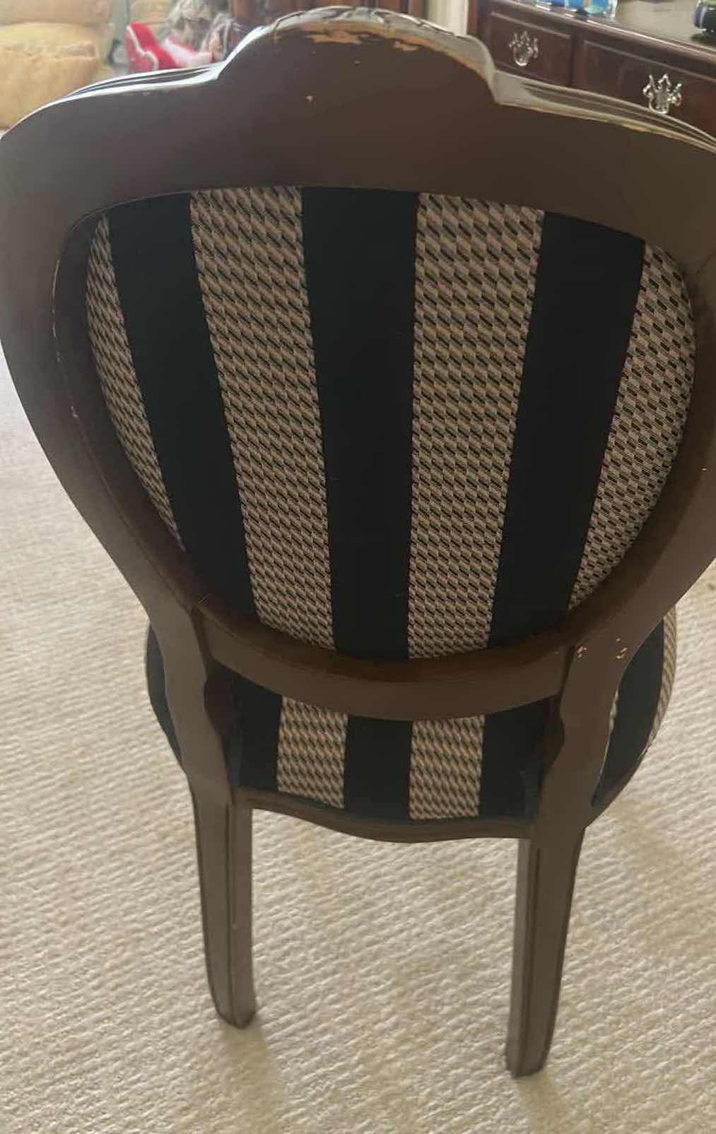 View 2 of VINTAGE FRENCH PROVINCIAL STYLE ACCENT CHAIR W CARVED DARK WOOD BLACK BEIGE STRIPED UPHOLSTERED SEAT OVAL BACK