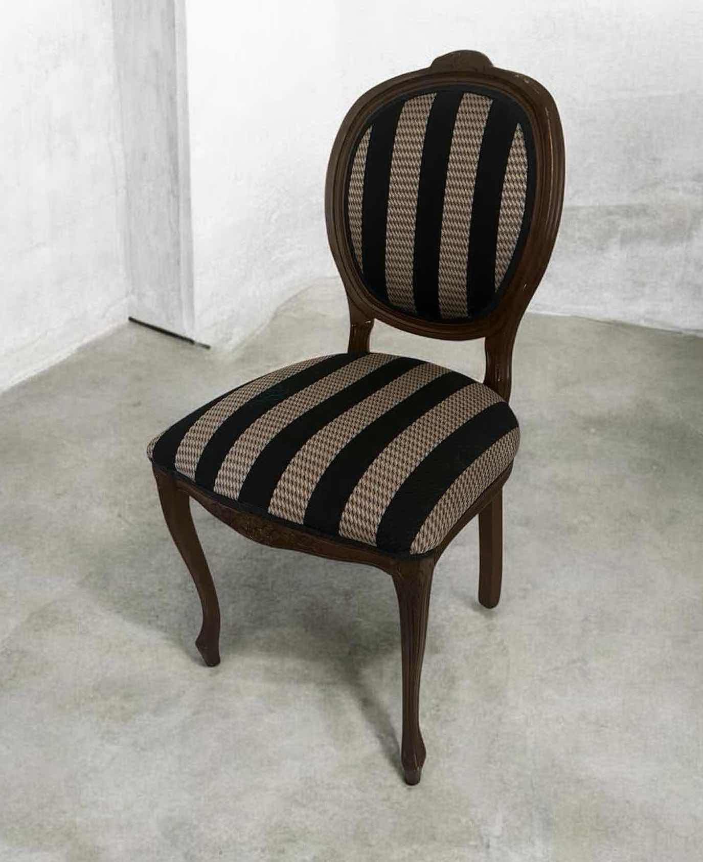 Photo 1 of VINTAGE FRENCH PROVINCIAL STYLE ACCENT CHAIR W CARVED DARK WOOD BLACK BEIGE STRIPED UPHOLSTERED SEAT OVAL BACK