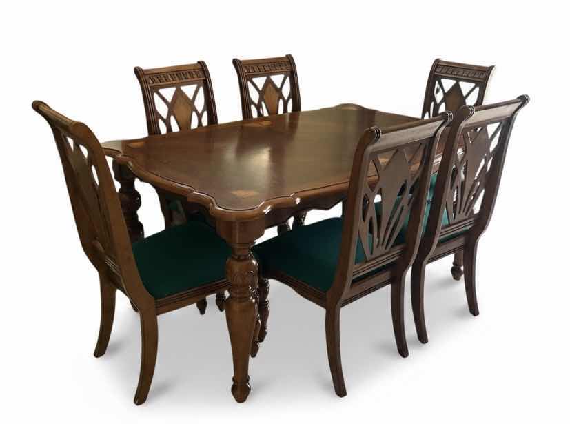 Photo 1 of MAHOGANY DINING TABLE W 6 CHIPPENDALE STYLE GREEN FABRIC CUSHION CHAIRS  (63”x42”  H 31”)