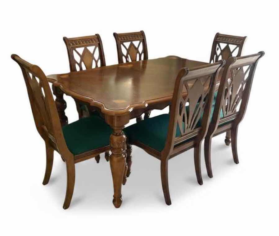 Photo 1 of MAHOGANY DINING TABLE 62 1/2” X 41 1/2” X H 31” SET FEATURING 6 CHIPPENDALE STYLE CHAIRS WITH GREEN UPHOLSTERED SEATS.