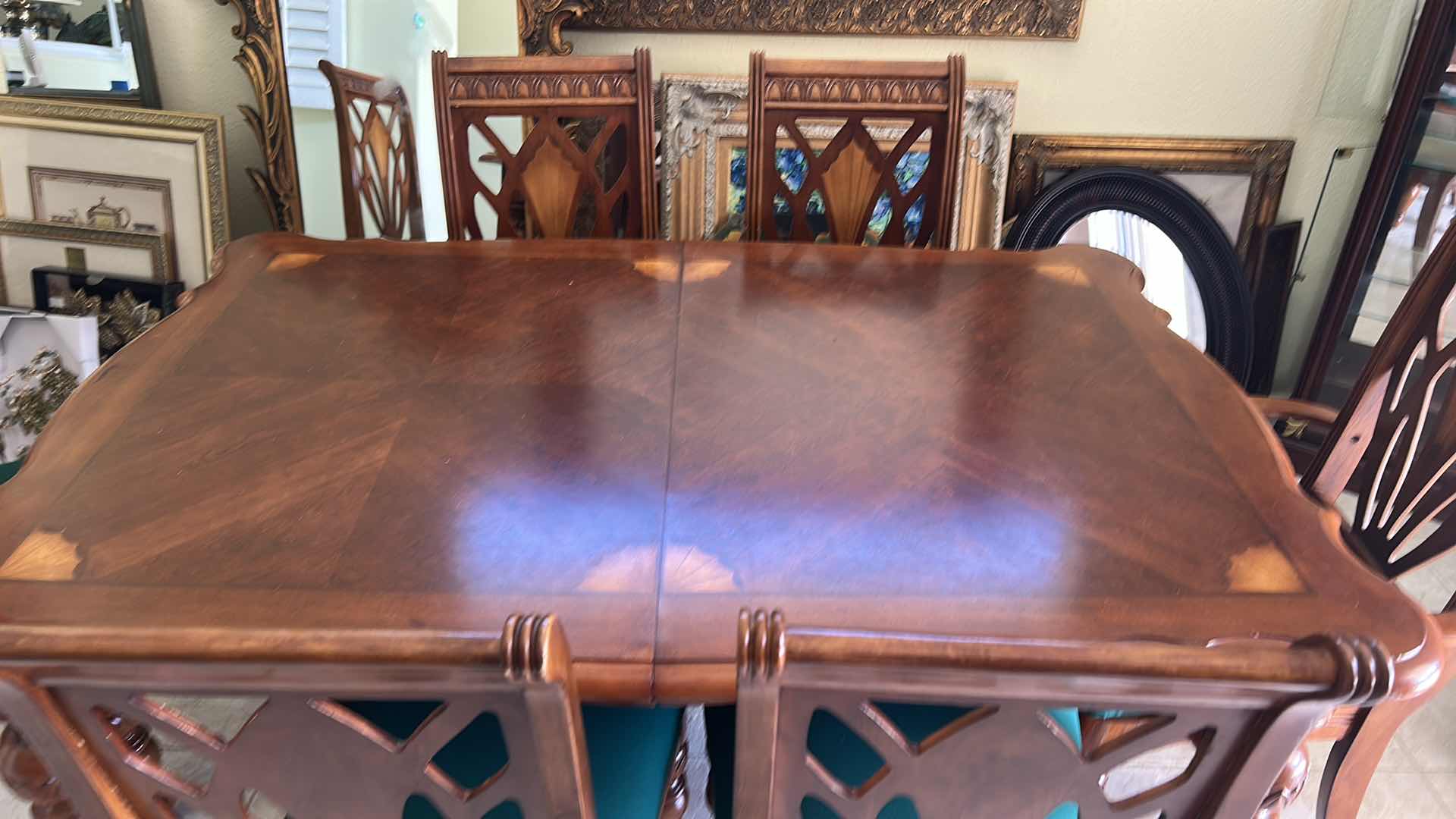 Photo 1 of MAHOGANY DINING TABLE W 6 CHIPPENDALE STYLE GREEN FABRIC CUSHION CHAIRS  (63”x42”  H 31”)