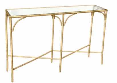 Photo 1 of VINTAGE GOLD BAMBOO-STYLE CONSOLE TABLE FEATURING A GLASS TOP AND AN ELEGANT GOLD-FINISHED METAL FRAME DESIGNED TO RESEMBLE BAMBOO 40“ x 10 1/2“ x H29“.