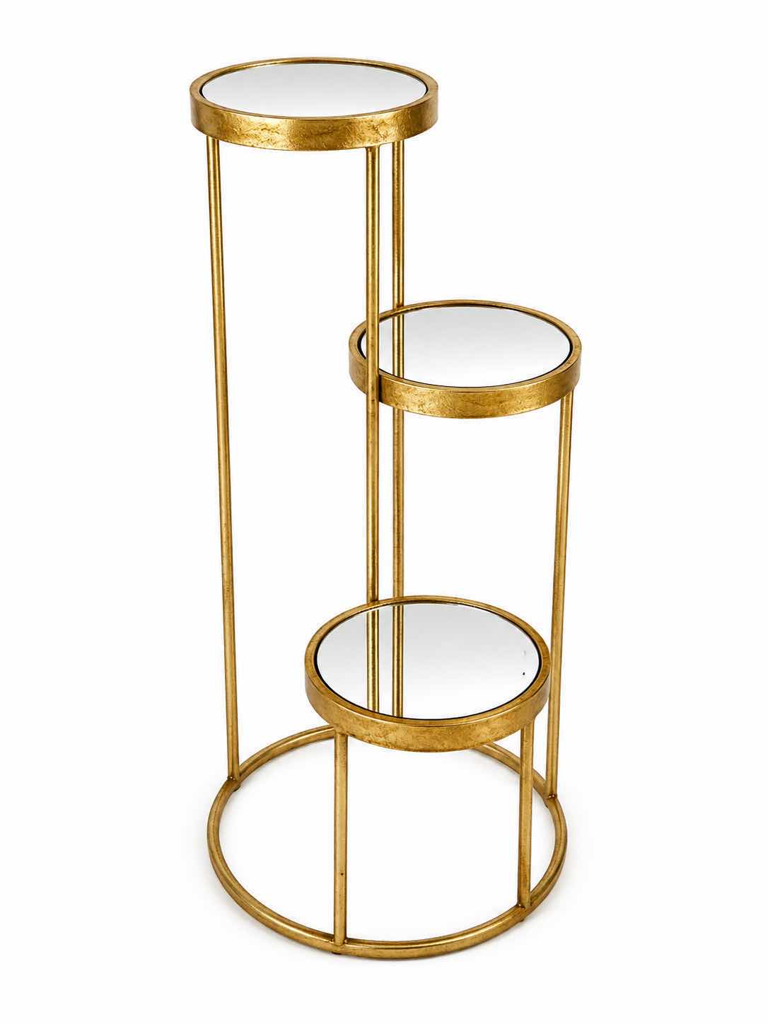 Photo 1 of GOLD METAL PLANT STAND FEATURING THREE ROUND MIRRORED DISPLAY SHELVES AT STAGGERED HEIGHTS 14” x H32”.  $40