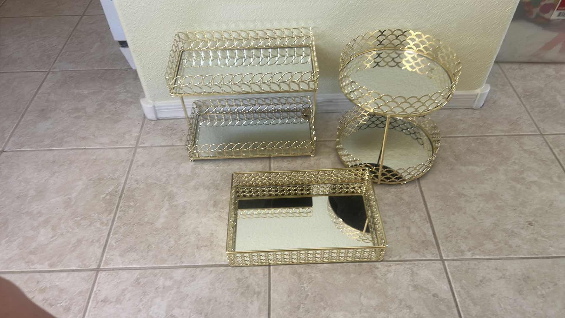 Photo 1 of SET OF GOLD METAL VANITY ORGANIZERS FEATURING MIRRORED TRAYS,