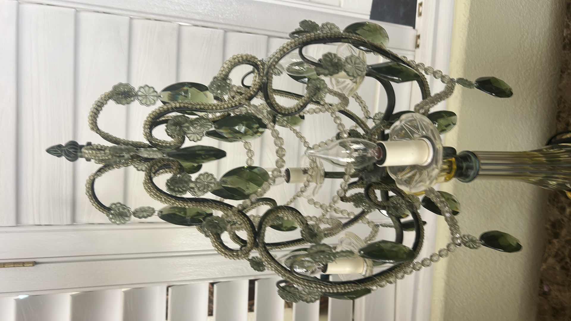 Photo 1 of VINTAGE HOLLYWOOD REGENCY STYLE CHANDELIER TABLE LAMP FEATURING GREEN TEARDROP GLASS CRYSTALS AND AN ORNATE BRASS BASE H34”.