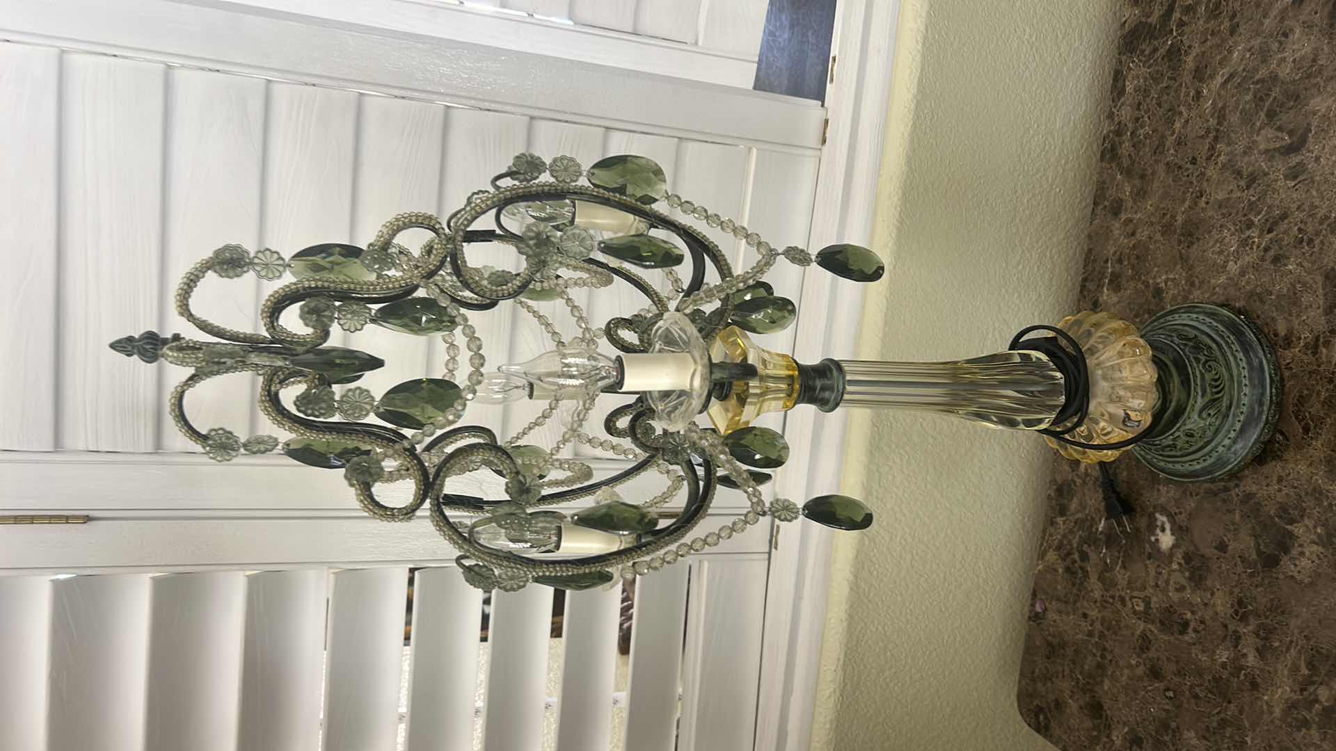 Photo 1 of VINTAGE HOLLYWOOD REGENCY STYLE CHANDELIER TABLE LAMP FEATURING GREEN TEARDROP GLASS CRYSTALS AND AN ORNATE BRASS BASE H34”.