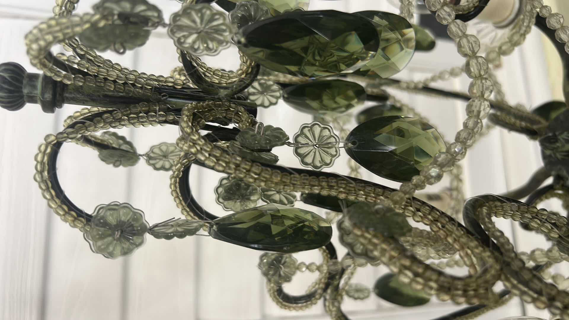Photo 1 of VINTAGE HOLLYWOOD REGENCY STYLE CHANDELIER TABLE LAMP FEATURING GREEN TEARDROP GLASS CRYSTALS AND AN ORNATE BRASS BASE H34”.