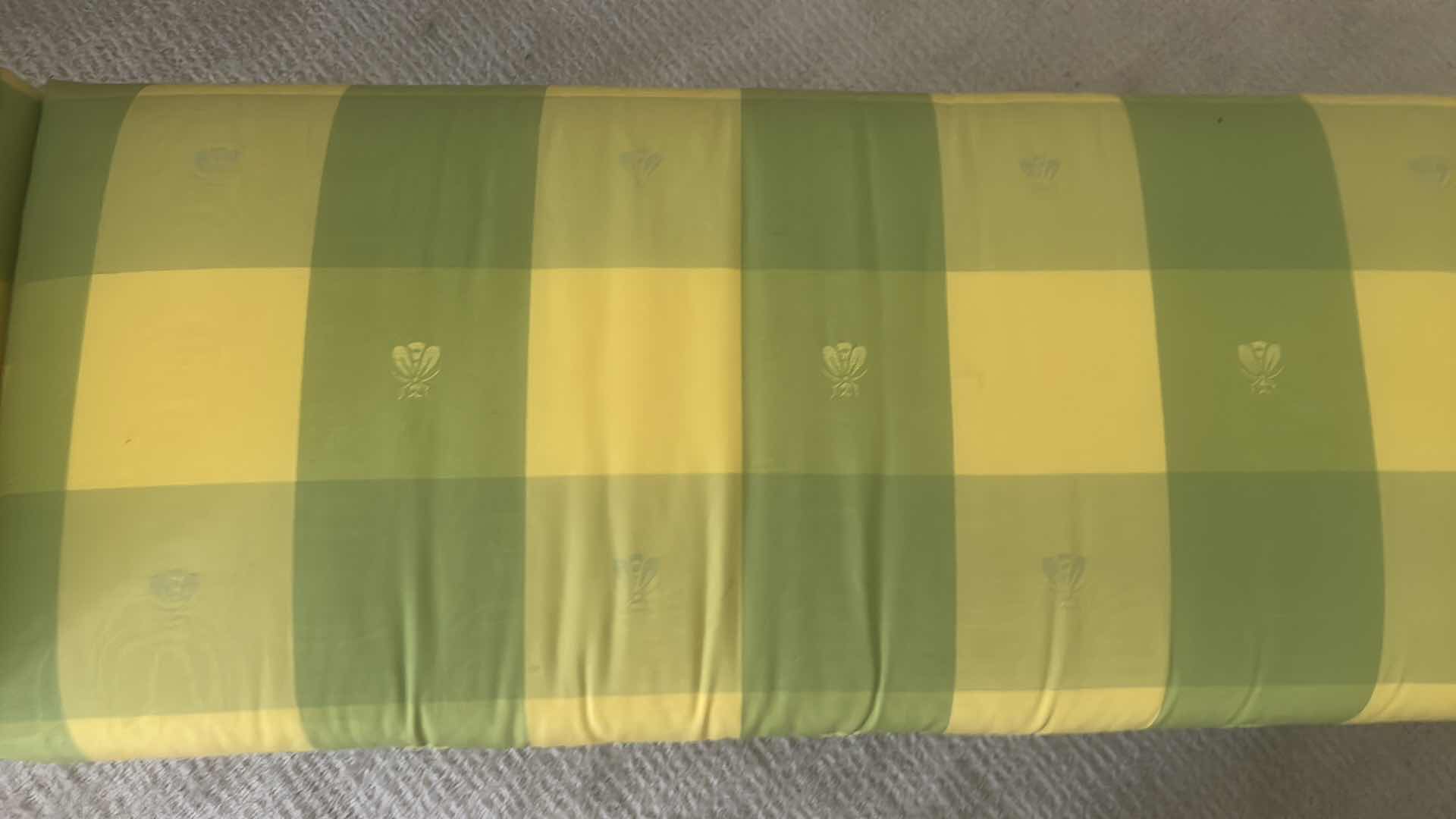 Photo 1 of QUEEN ANNE STYLE ROLLED ARM W GREEN YELLOW PLAID UPHOLSTERY & CARVED WOODEN LEGS 57" X 16" H 19" RETAIL $200