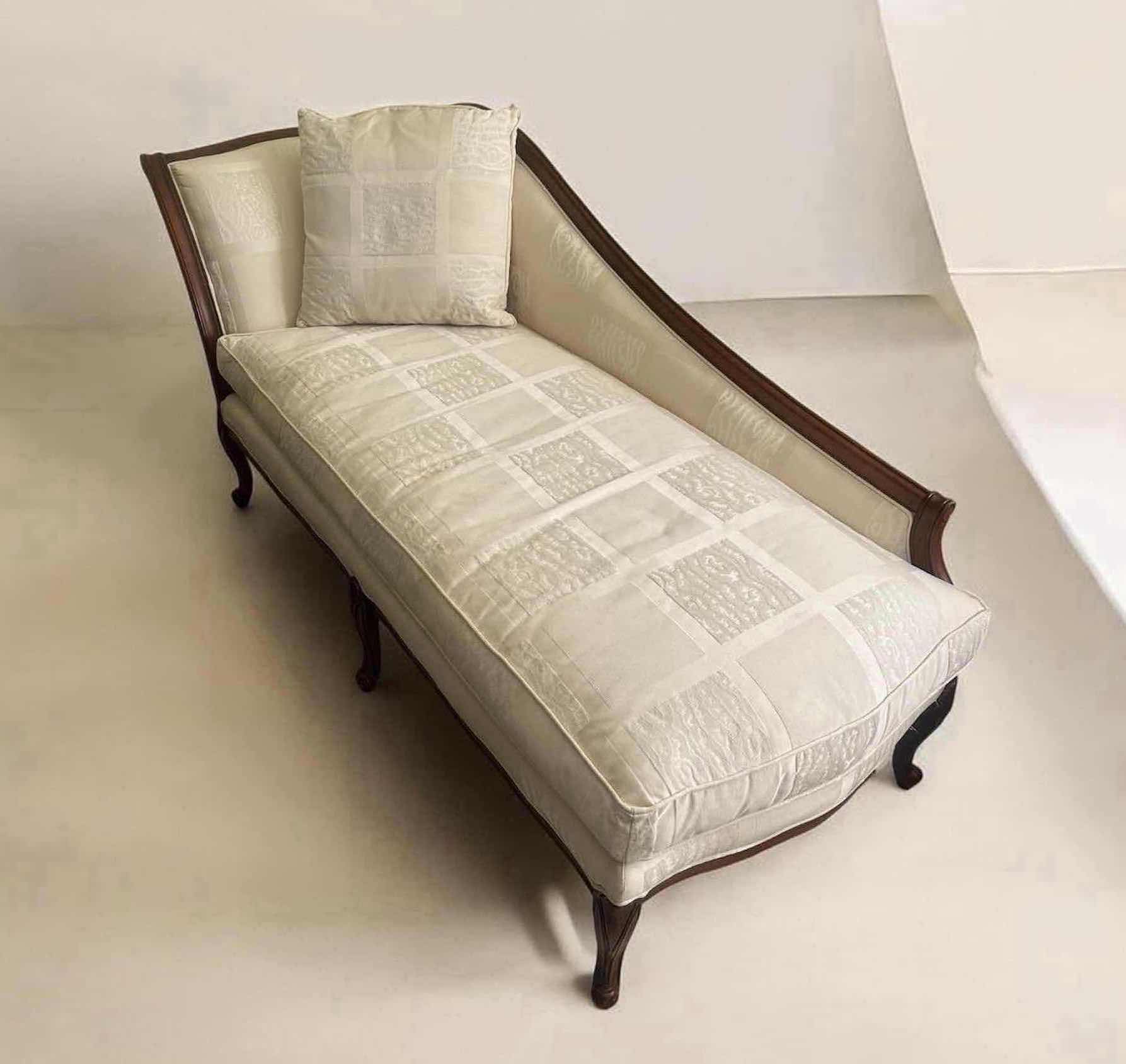 Photo 1 of CREAM COLORED VICTORIAN STYLE CHAISE LOUNGE W WOOD FRAME & DAMASK UPHOLSTERED 79" X 28"