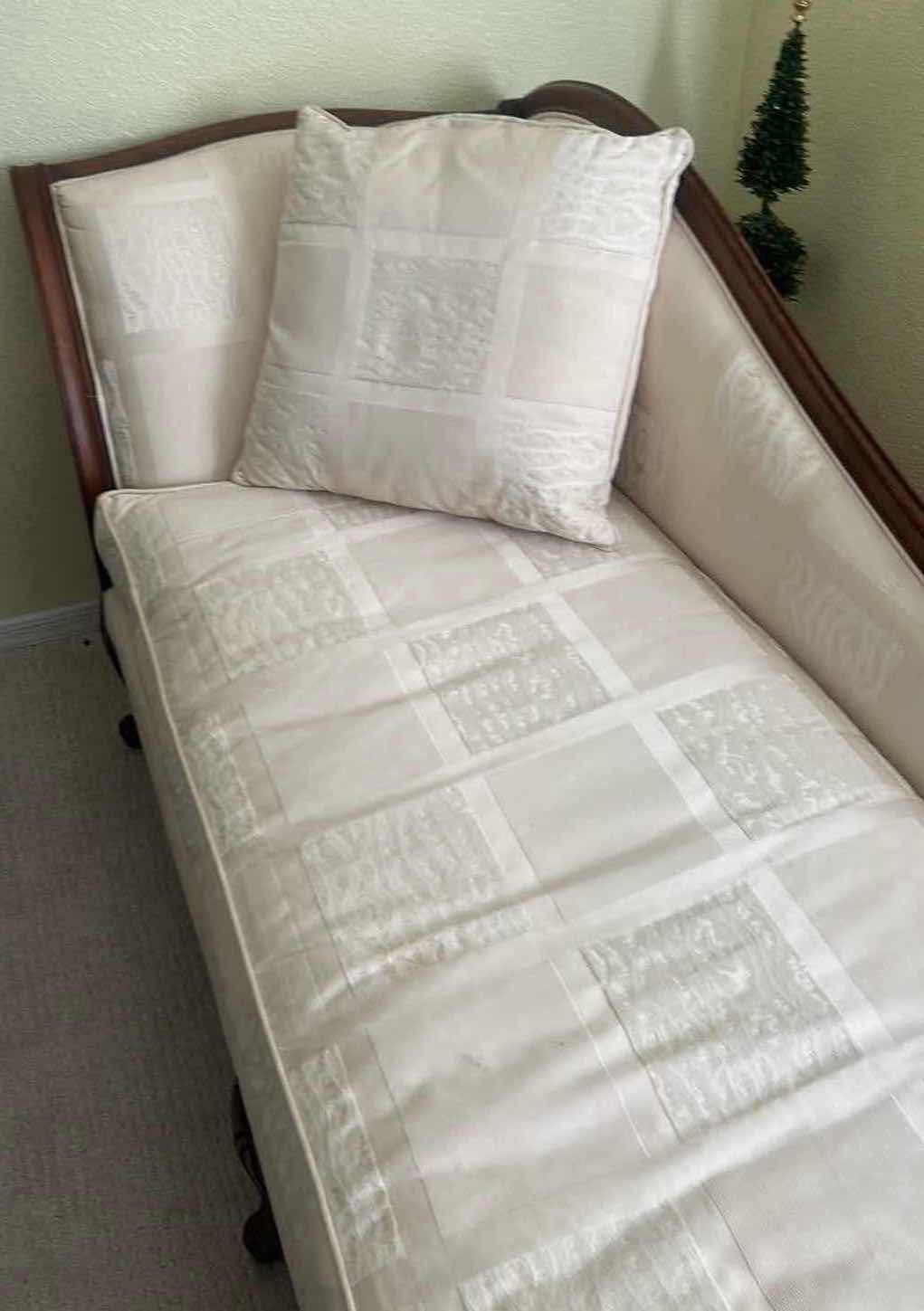Photo 1 of CREAM COLORED VICTORIAN STYLE CHAISE LOUNGE W WOOD FRAME & DAMASK UPHOLSTERED 79" X 28"
