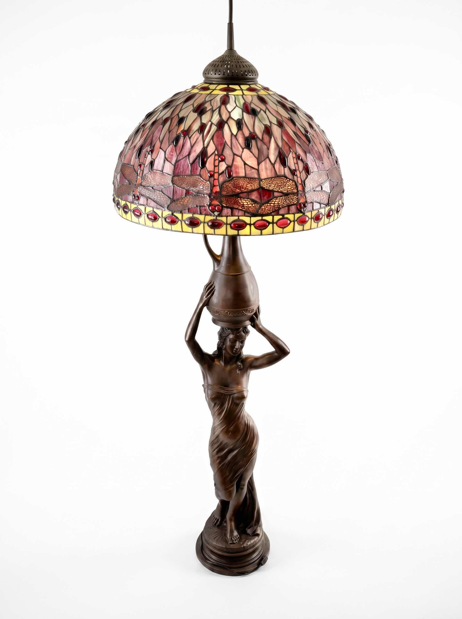Photo 1 of METAL FLOOR LAMP, LADY HOLDING JAR TABLE LAMP FEATURING A TIFFANY-STYLE RESIN  SHADE WITH A PURPLE DRAGONFLY DESIGN H 77”