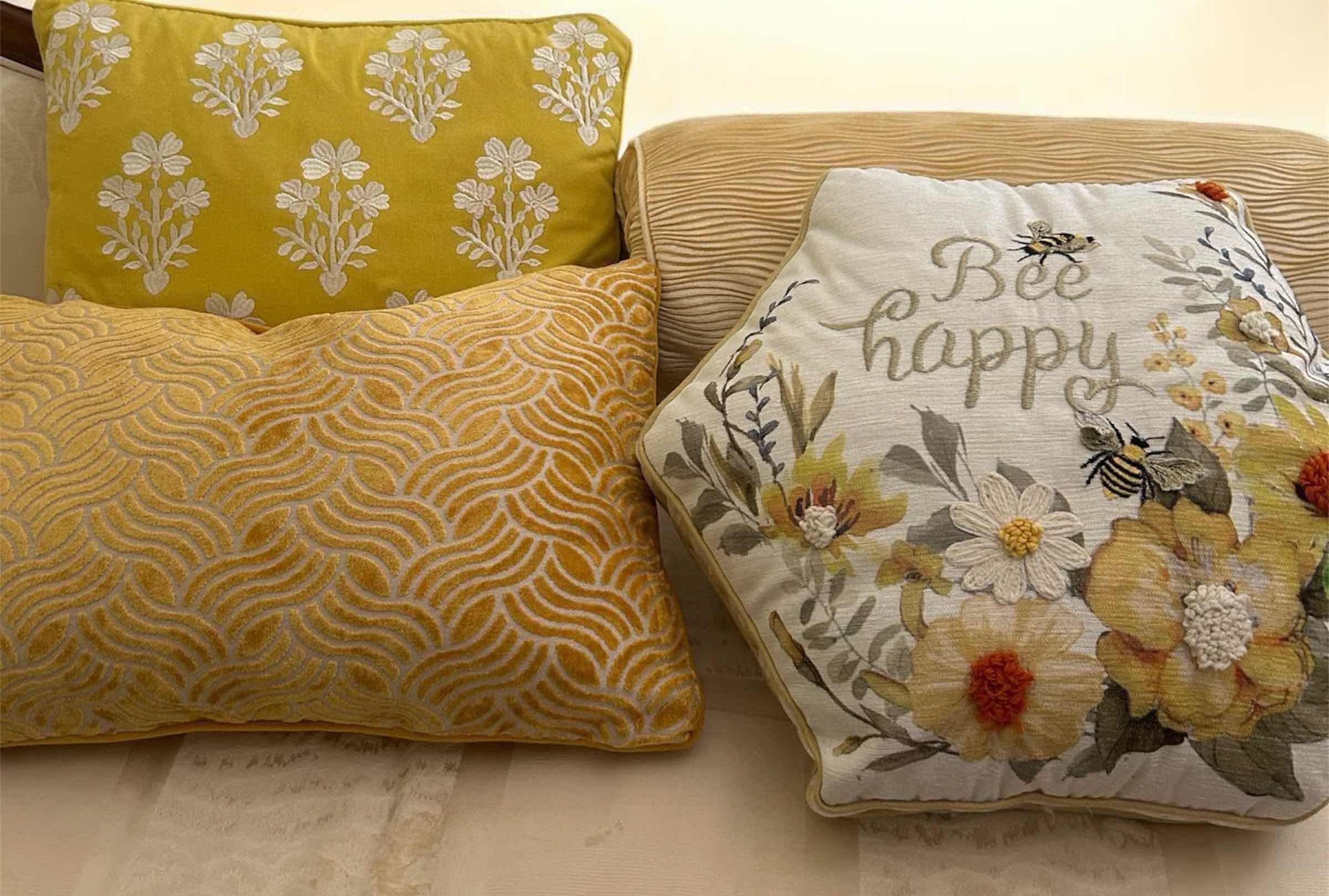 View 1 of 4- YELLOW EMBROIDERED FLORAL PATTERN & TEXTURED WAVE DESIGN