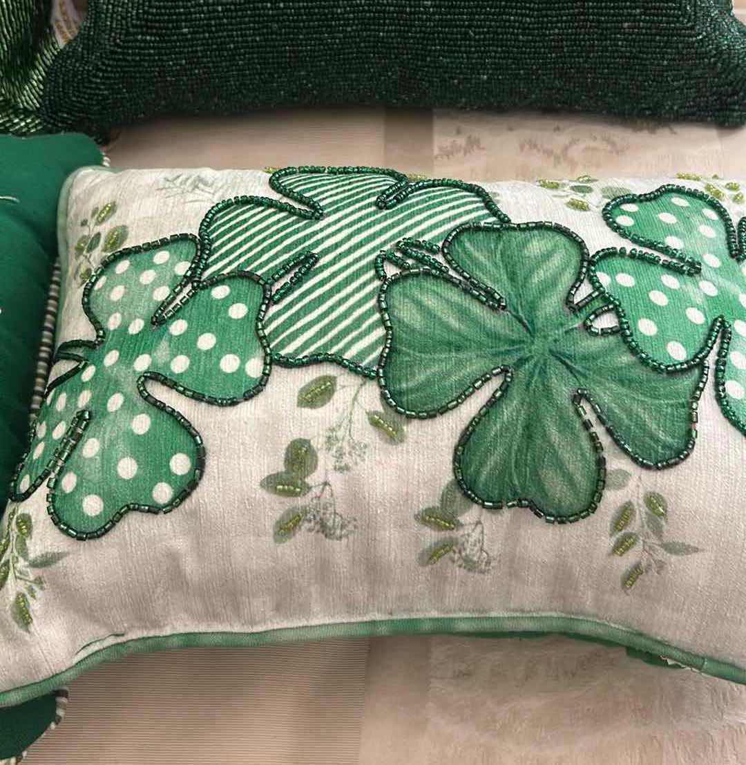 Photo 1 of 4- GREEN ST PATRICK DAY PILLOWS W INTRICATE BEADWORK & EMBROIDERED SHAMROCK DESIGN