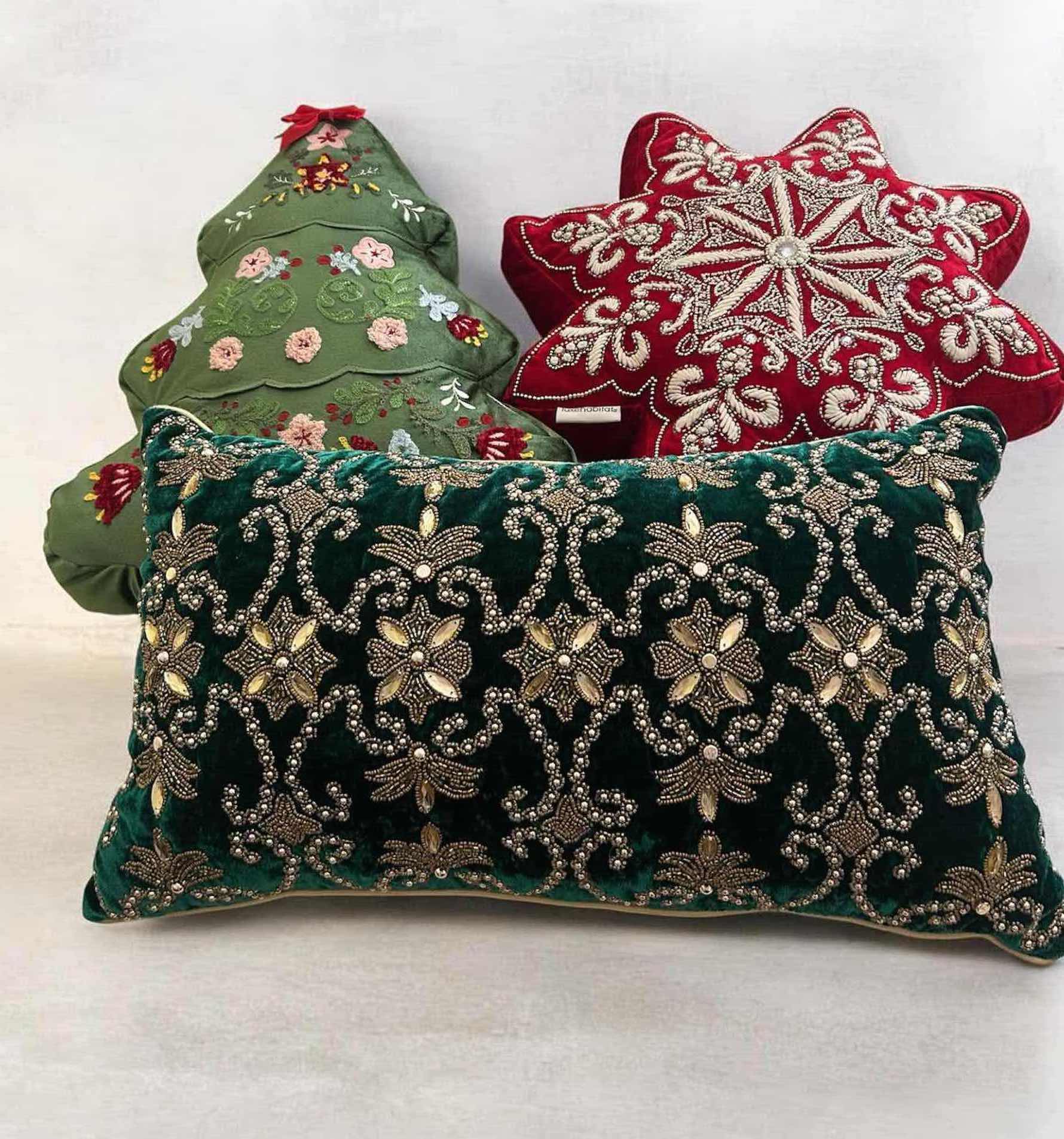 Photo 1 of 3-DECORATIVE HOLIDAY PILLOWS W BEADED DESIGN  14" 17" W