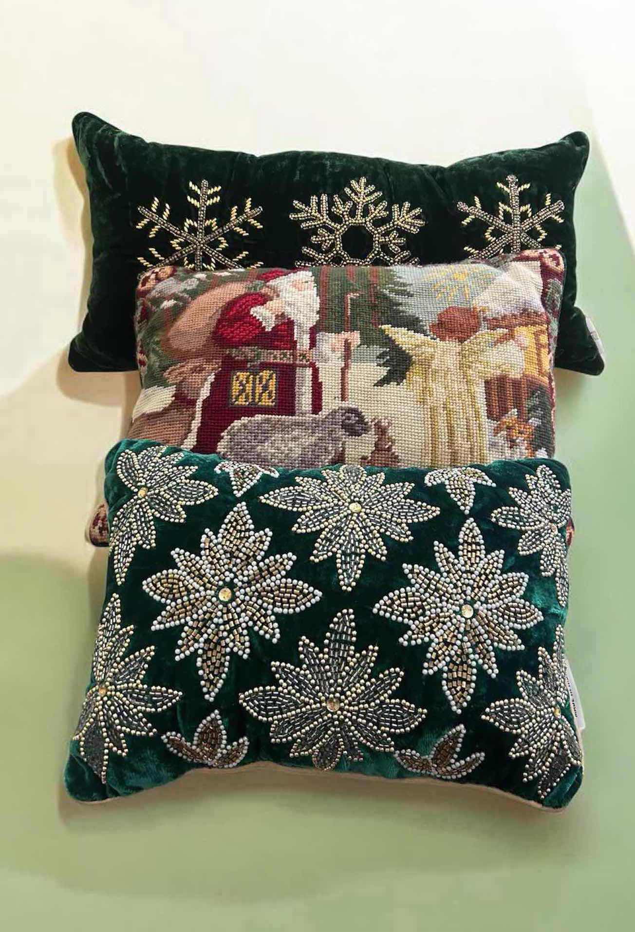Photo 1 of 3- HOLIDAY PILLOWS W BEADED VELVET & NEEDLEPOINT DESIGN 
 13" 19" W