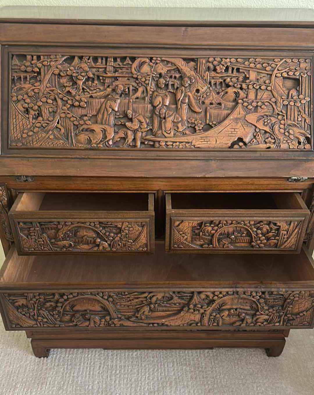 Photo 1 of VINTAGE ASIAN STYLE SECRETARY DESK W INTRICATE HAND CARVED WOOD PANELS 34" X 18" H 41" RETAIL $1300