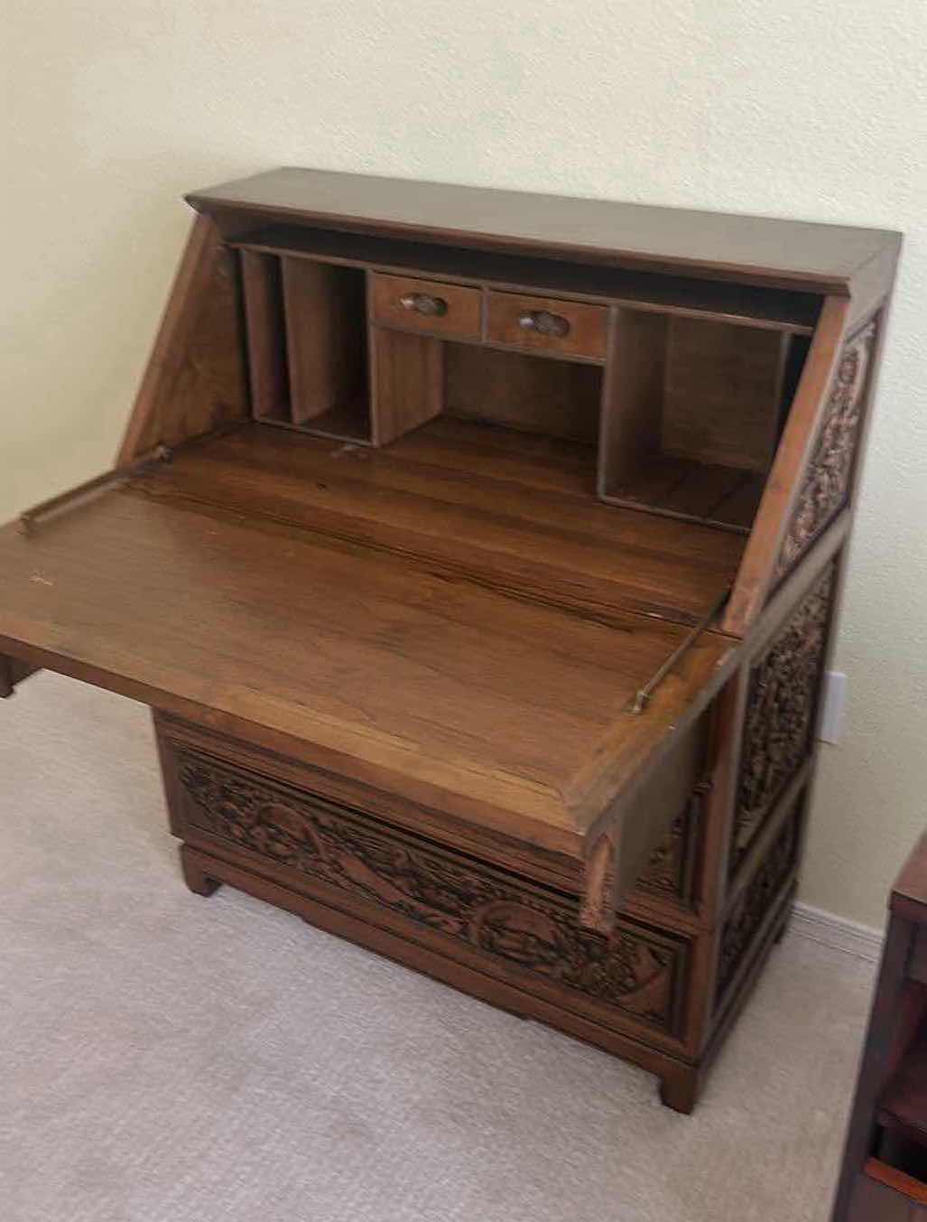 Photo 1 of VINTAGE ASIAN STYLE SECRETARY DESK W INTRICATE HAND CARVED WOOD PANELS 34" X 18" H 41" RETAIL $1300