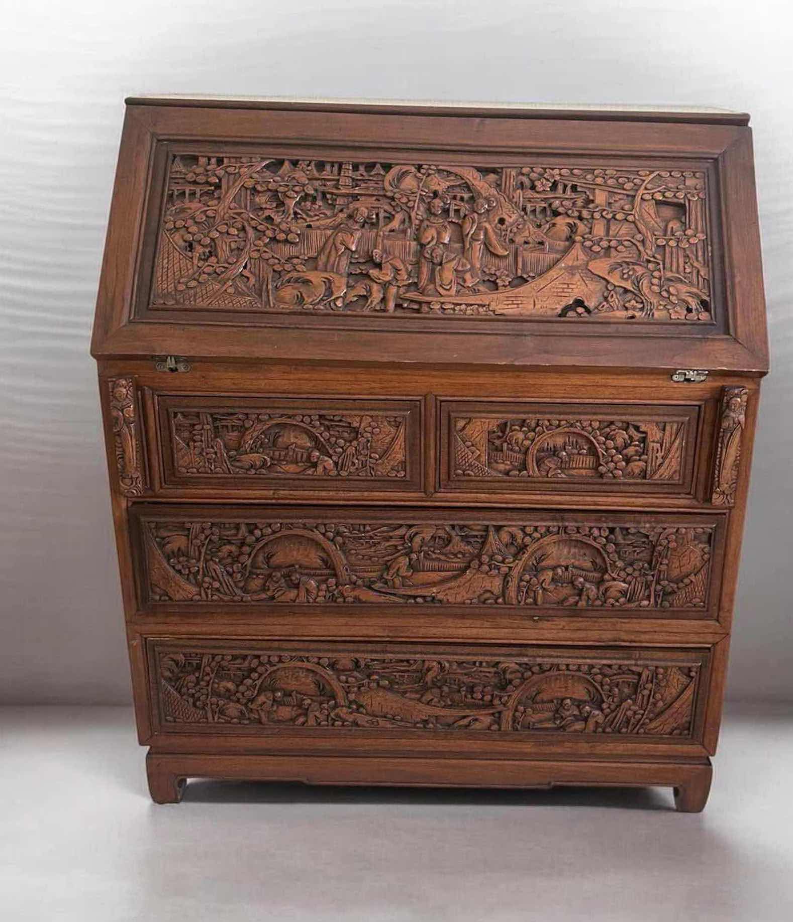 Photo 1 of VINTAGE ASIAN STYLE SECRETARY DESK W INTRICATE HAND CARVED WOOD PANELS 34" X 18" H 41" RETAIL $1300