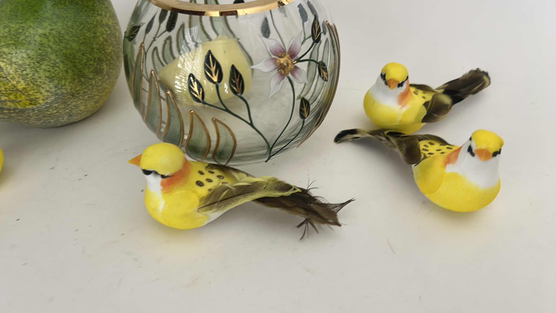 Photo 1 of CRYSTAL HAND-PAINTED ROSE BOWL VASE FEATURING PURPLE FLORAL DESIGNS AND GOLD TRIM AND BIRD FIGURES