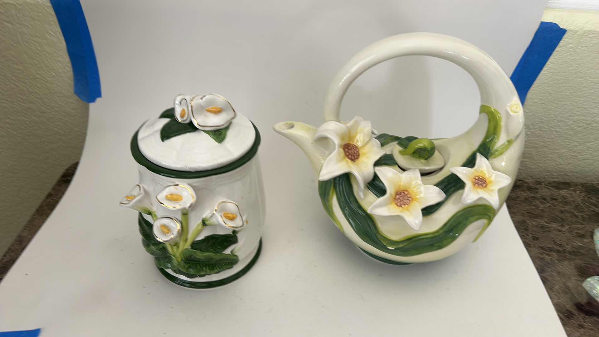 Photo 1 of 2 PORCELAIN KITCHEN ITEMS- CANISTER AND PITCHER