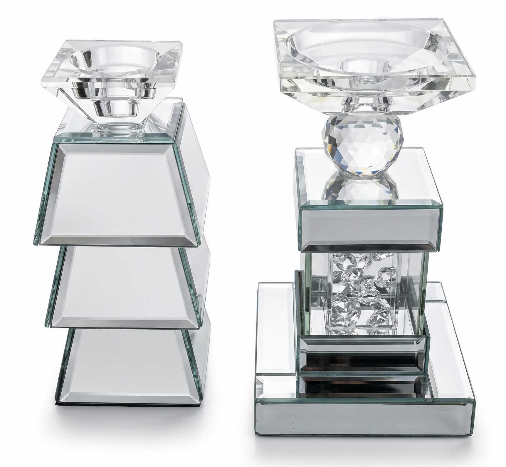 Photo 1 of 2 GLASS AND MIRRORED CANDLE HOLDERS (TALLEST 7.5”)
