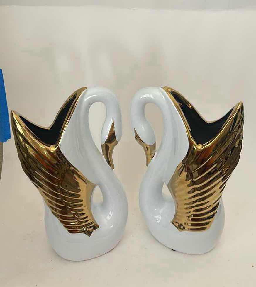 Photo 1 of 2 GOLD AND WHITE CERAMIC SWAN VASES H12”