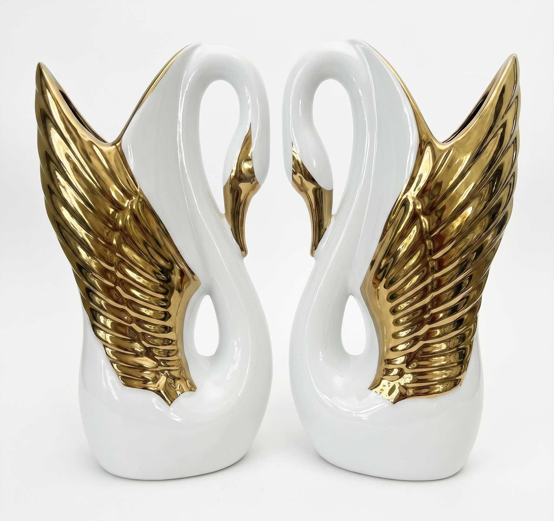 Photo 1 of 2 GOLD AND WHITE CERAMIC SWAN VASES H12”
