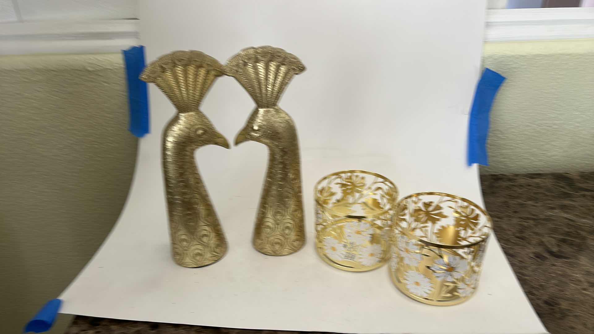 Photo 1 of 2 GOLD TONE CANDLE HOLDERS  AND TWO PEACOCK HEADS H11”