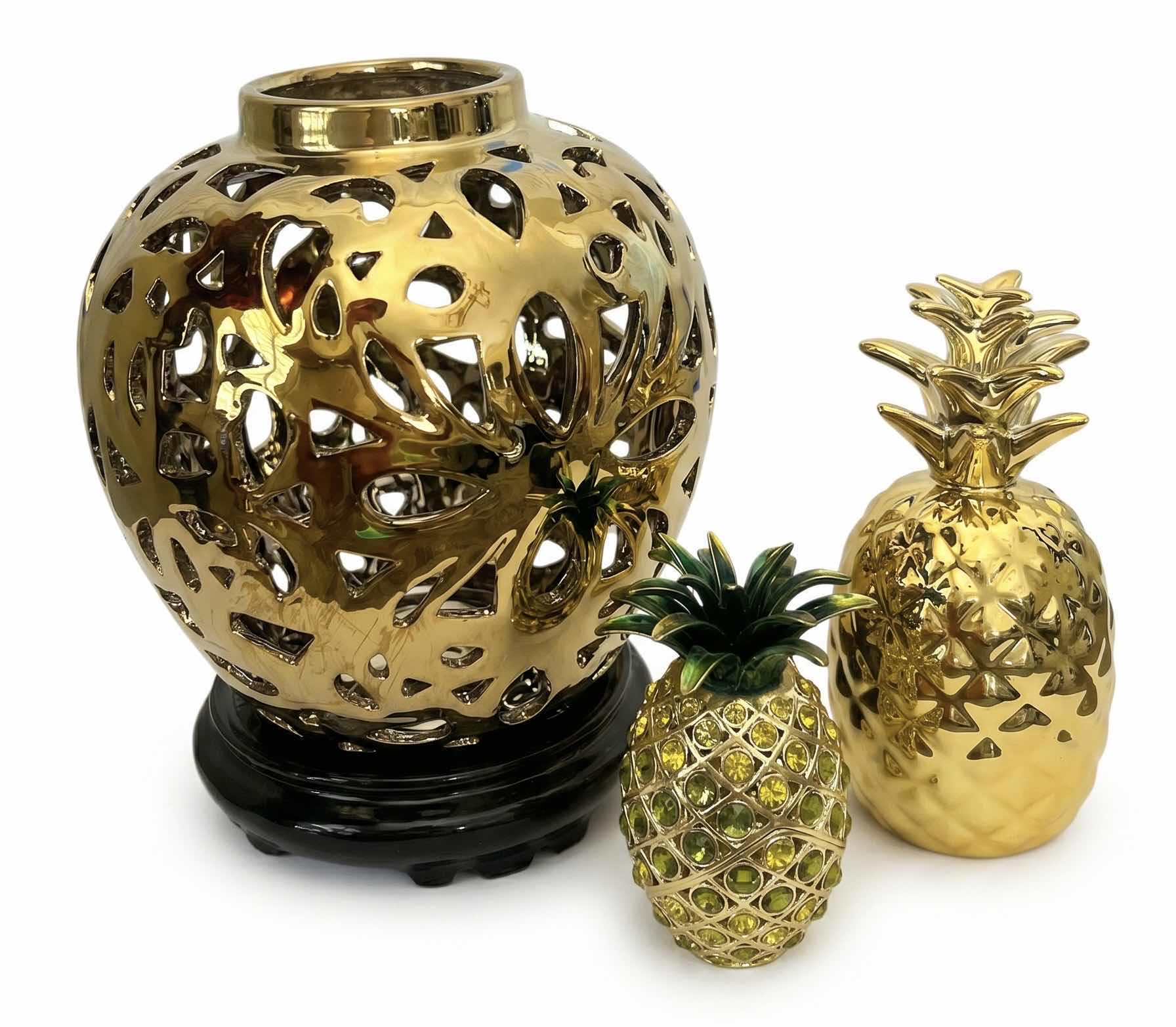 Photo 1 of 3 PC GOLD TONE HOME DECOR . PINEAPPLES AND TEMPLE JAR  (TALLEST 9”)