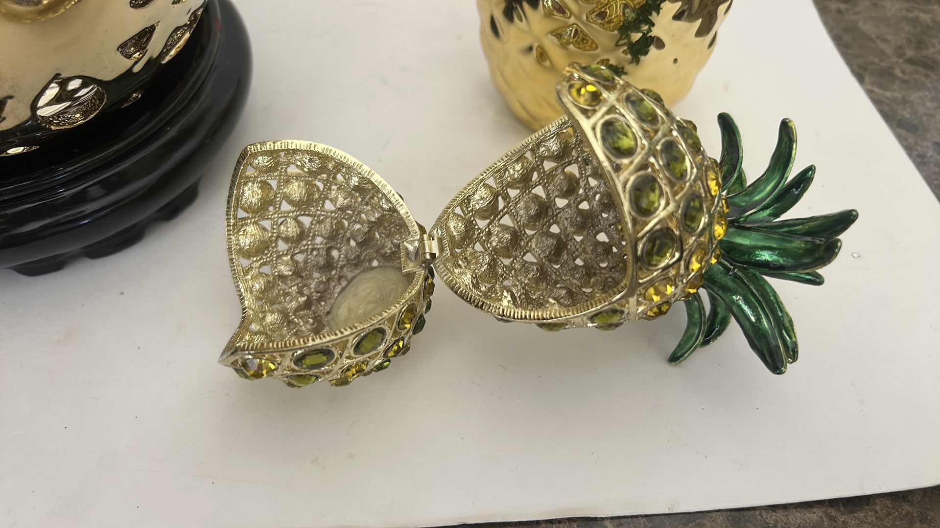 Photo 1 of 3 PC GOLD TONE HOME DECOR . PINEAPPLES AND TEMPLE JAR  (TALLEST 9”)
