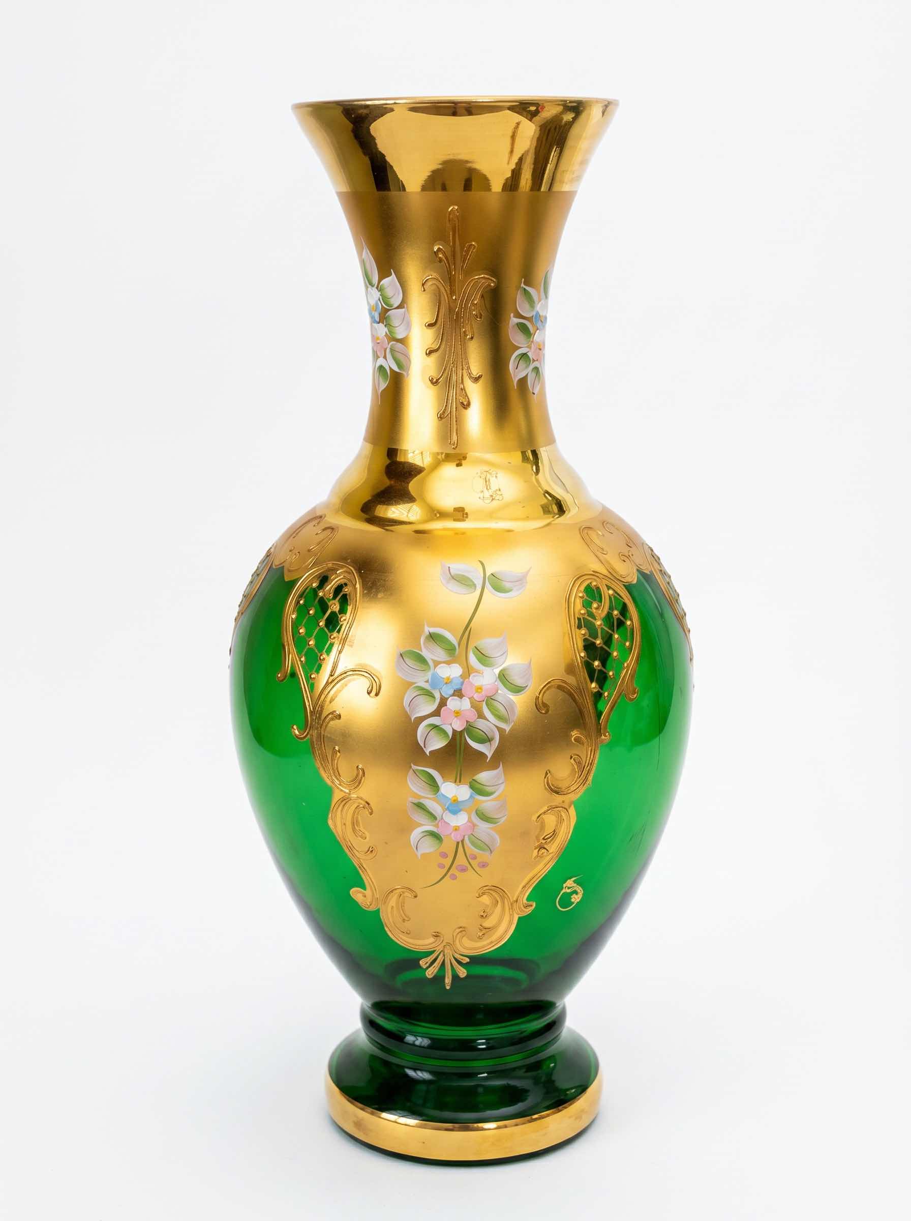 Photo 1 of BOHEMIAN ART GLASS VASE FEATURES A VIBRANT GREEN BODY ADORNED WITH INTRICATE GOLD GILDING & HAND-PAINTED FLORAL ENAMEL DETAILS H16.5”
