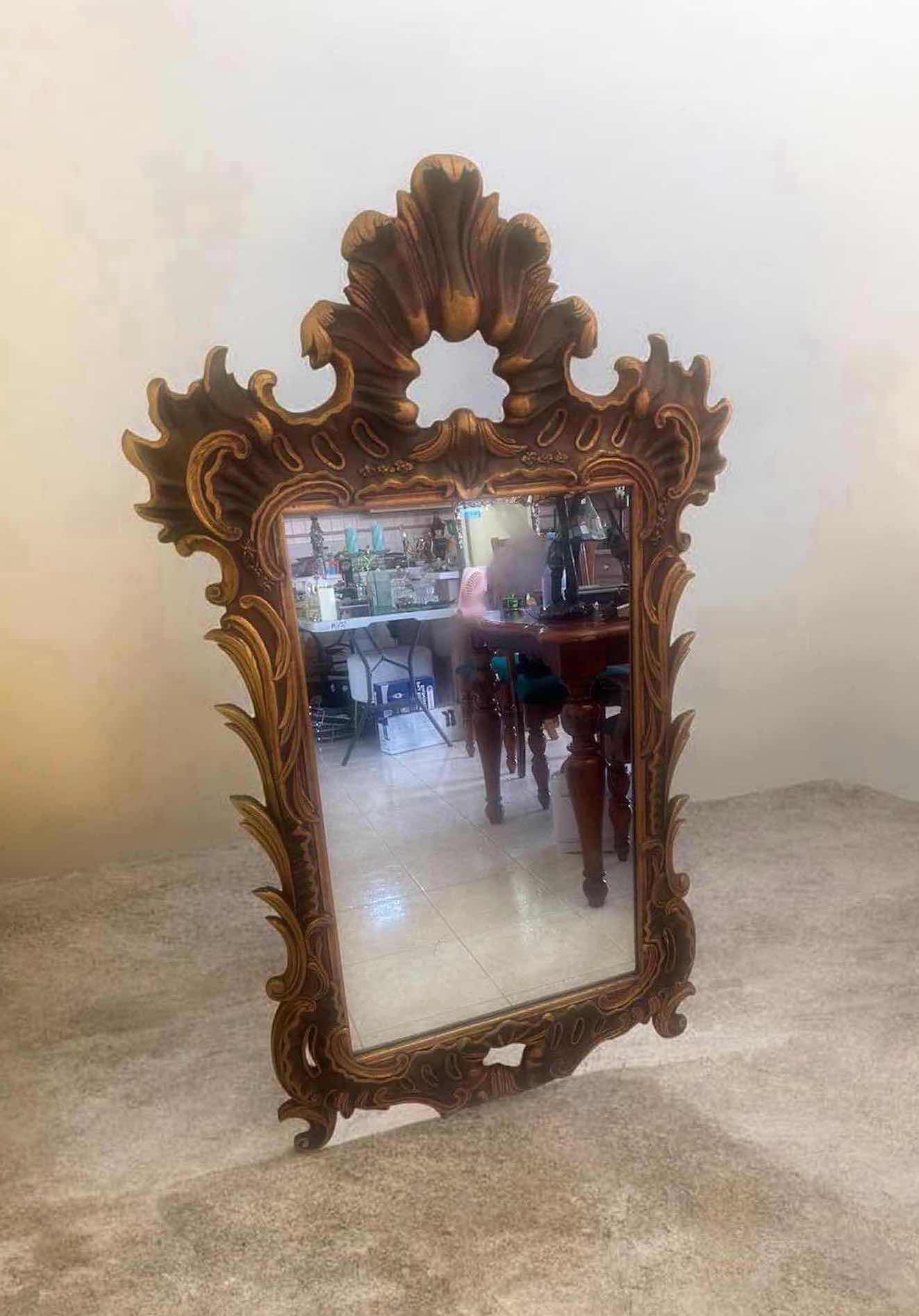 Photo 1 of VINTAGE ITALIAN BAROQUE STYLE WALL MIRROR W ORNATE CARVED GILDED GOLD GRAME 32" X 60"