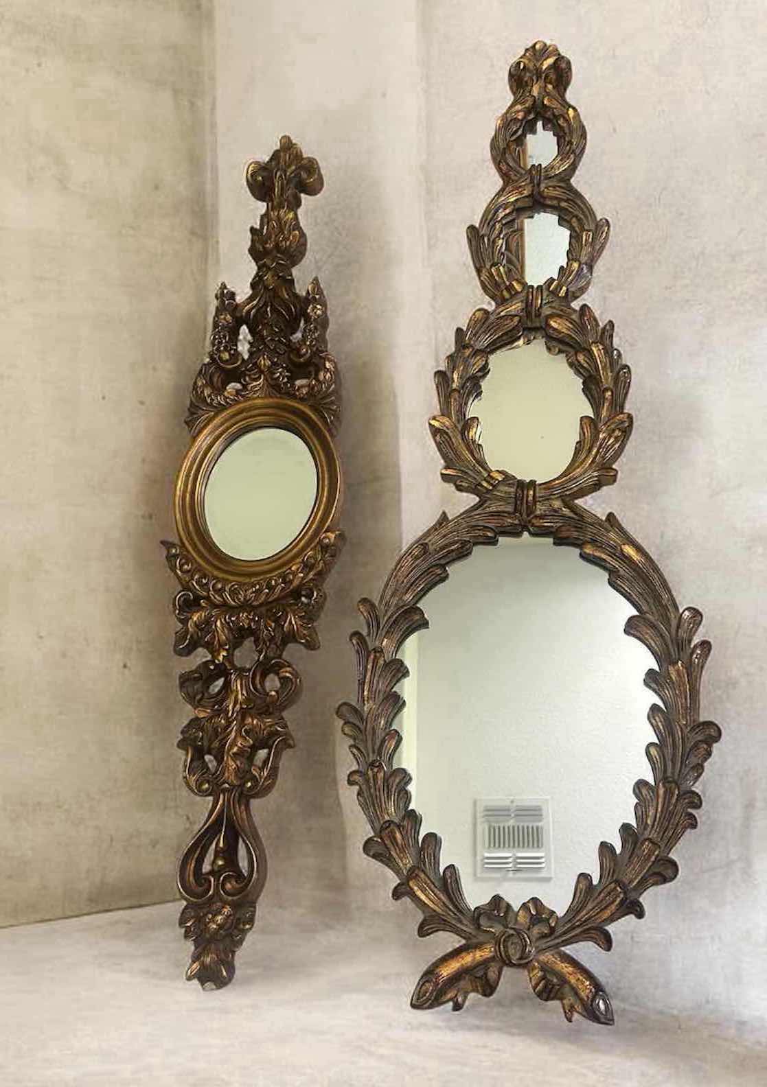 Photo 1 of 2-ITALIAN GILTWOOD WALL MIRROR W VERTICAL HARP-SHAPED DESIGN & FOLIATE CARVINGS 47" 54" L