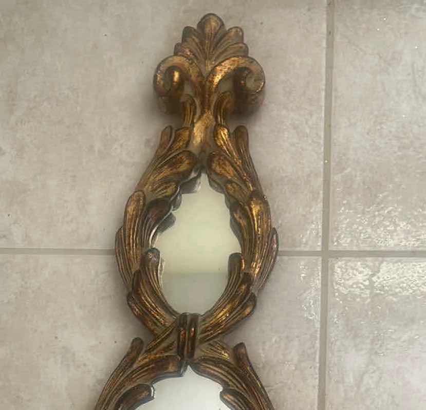Photo 1 of 2-ITALIAN GILTWOOD WALL MIRROR W VERTICAL HARP-SHAPED DESIGN & FOLIATE CARVINGS 47" 54" L