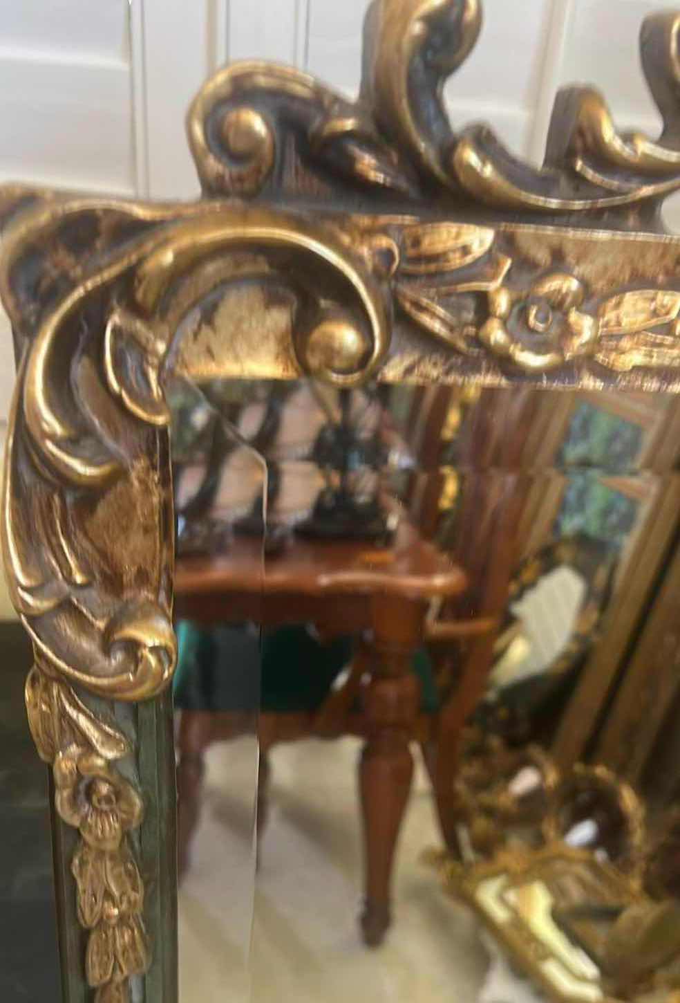Photo 1 of ORNATE GREEN GOLD VINTAGE FRENCH NEOCLASSICAL PIER WALL MIRROR W GILTWOOD CARVINGS 19" X 57"