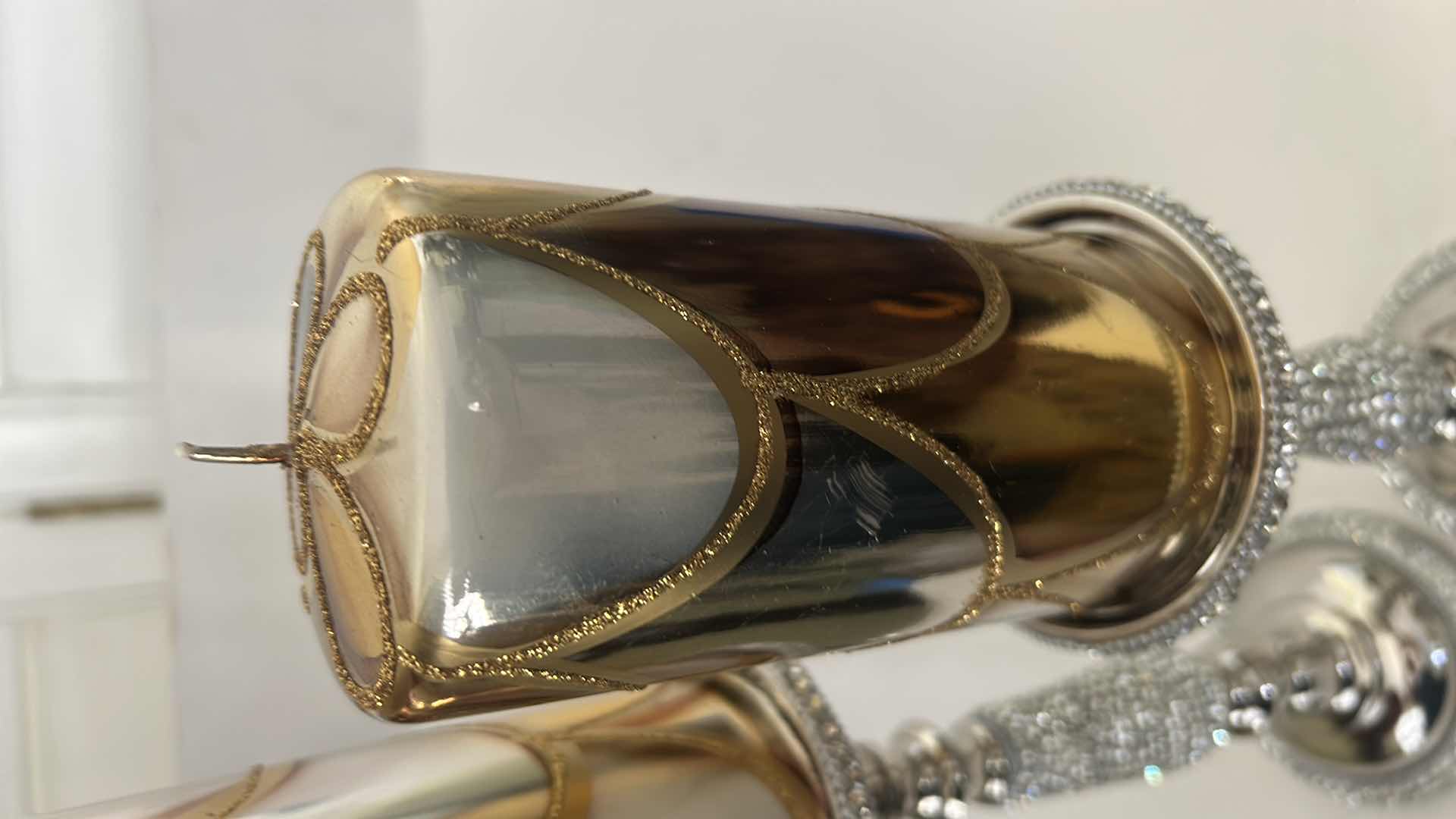 Photo 1 of 2 SILVER TONE RHINESTONE CANDLE HOLDERS AND 2 DECORATIVE CANDLES ( TALLEST 16.5”)