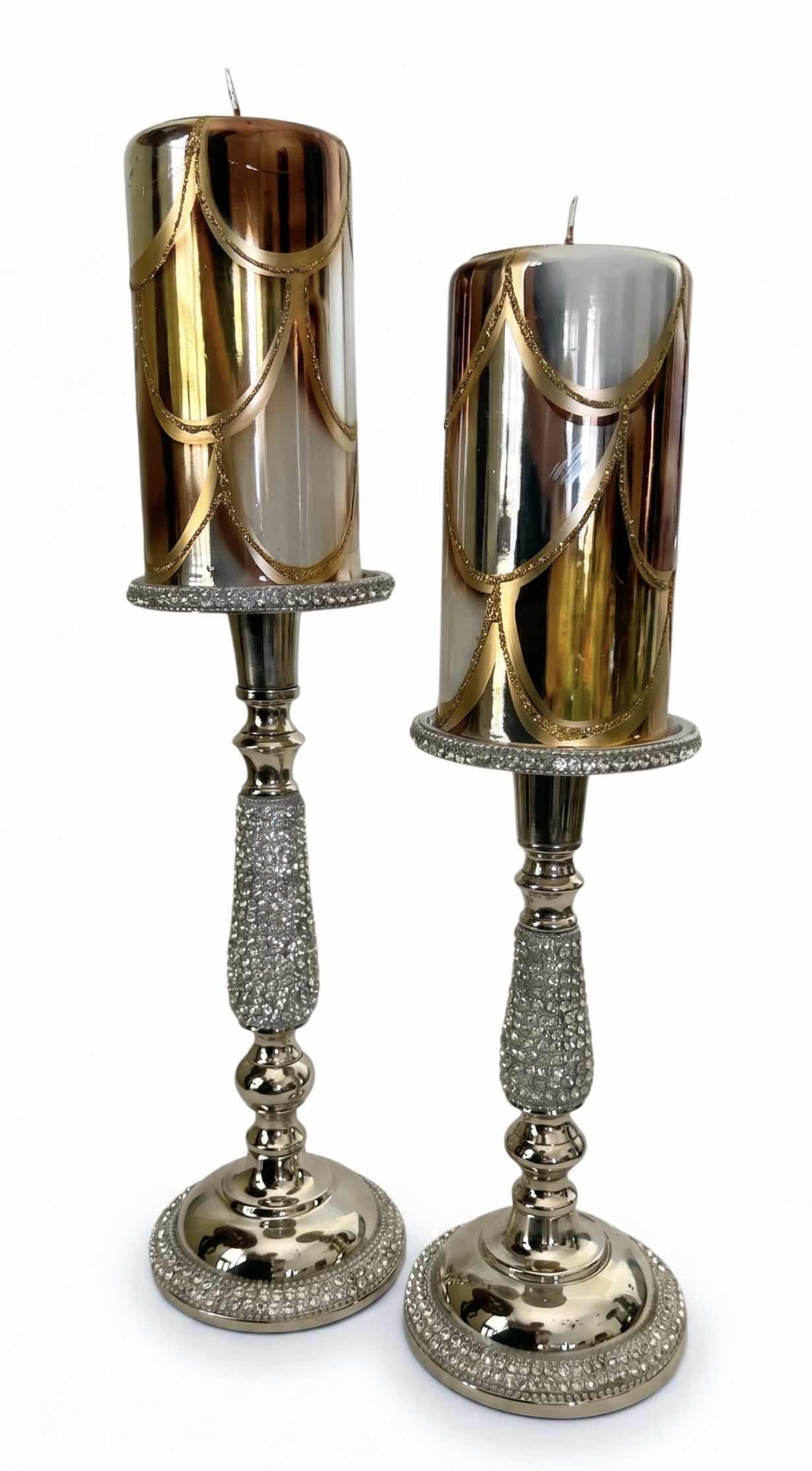 Photo 1 of 2 SILVER TONE RHINESTONE CANDLE HOLDERS AND 2 DECORATIVE CANDLES ( TALLEST 16.5”)