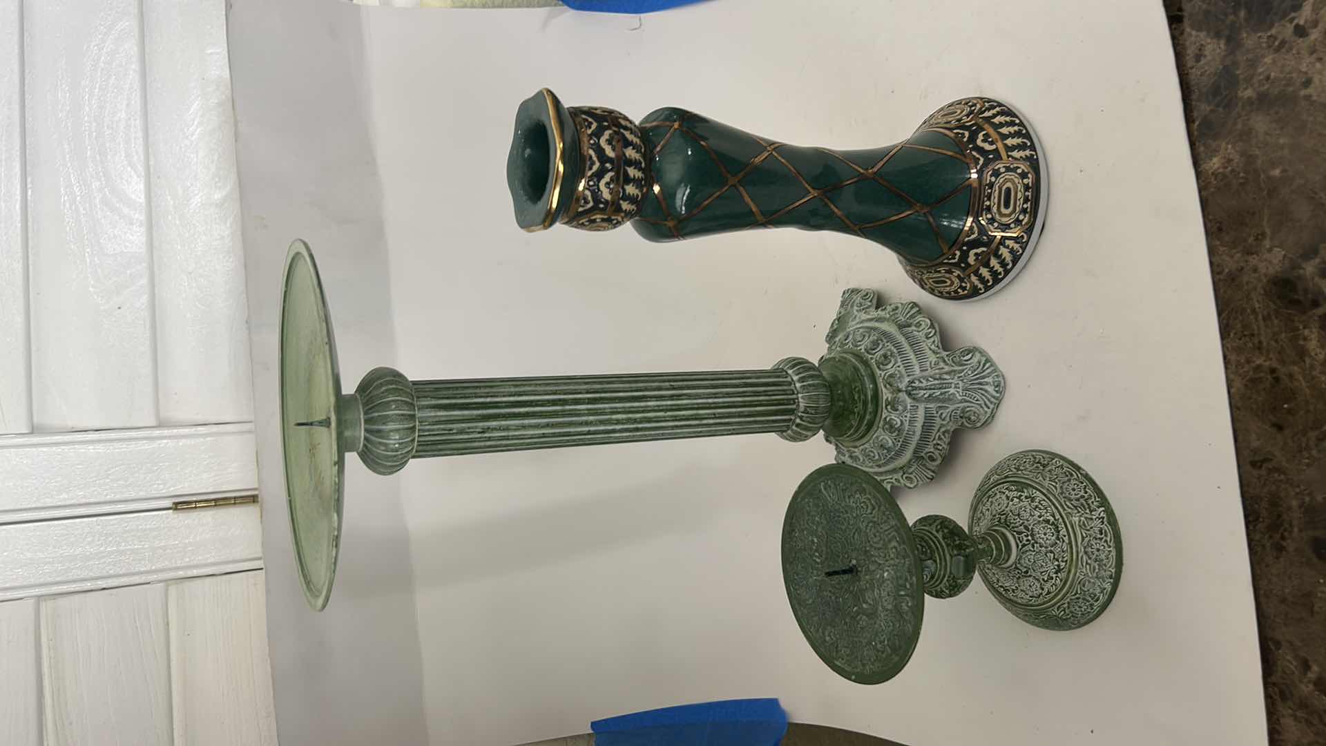 Photo 1 of 3 GREEN TONE CANDLE HOLDERS (TALLEST 14.25”)