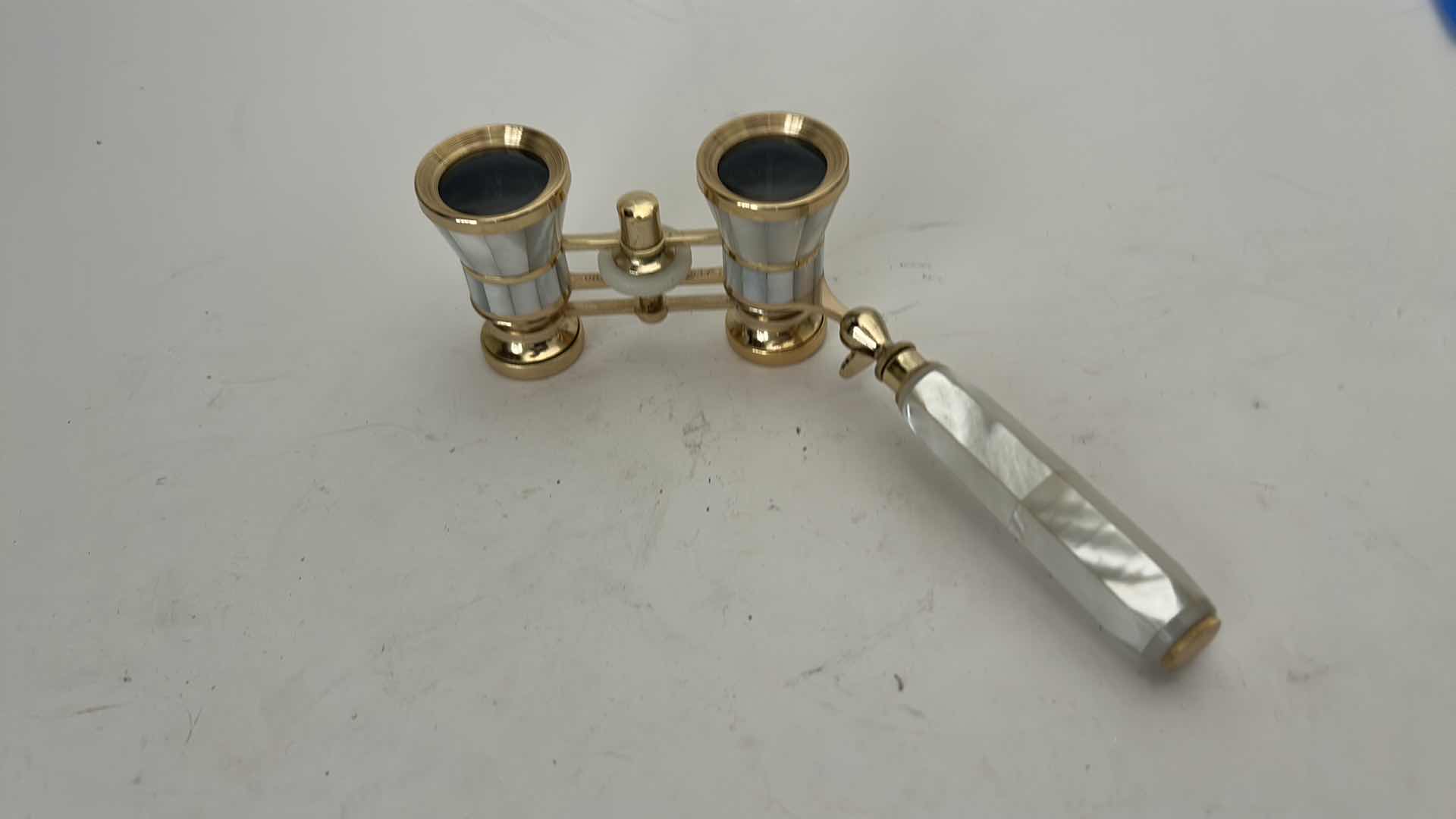 Photo 1 of MIGNON VINTAGE-STYLE OPERA GLASSES FEATURE A GOLD-PLATED BRASS FRAME W INTRICATE MOTHER-OF-PEARL INLAY &  MATCHING EXTENDABLE HANDLE.