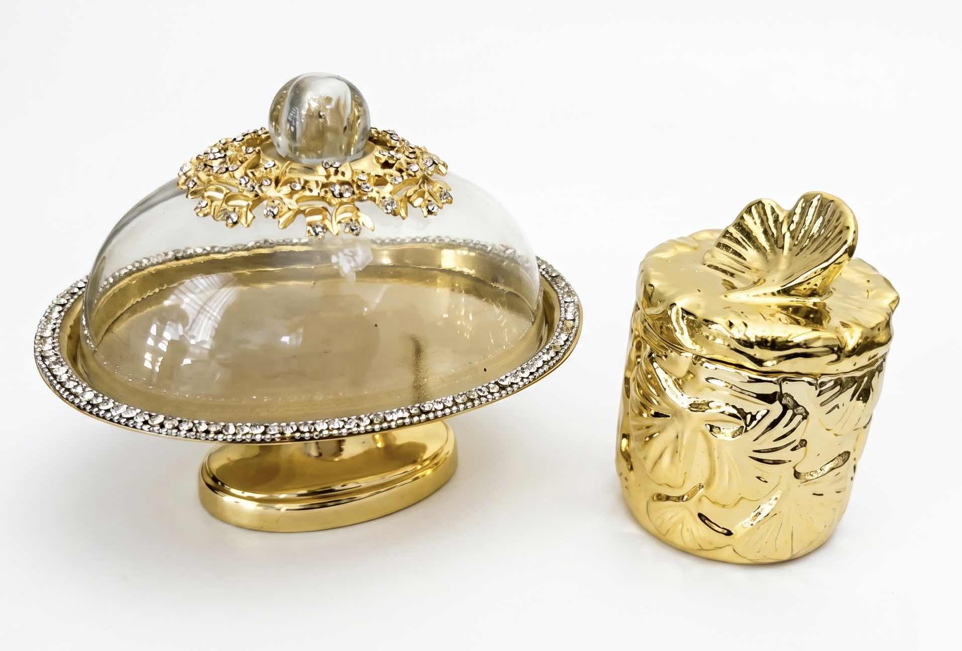 Photo 1 of CRYSTAL-ACCENTED GLASS DESSERT STAND H 7” & GOLD TONE LIDDED CANISTER WITH SHELL TOPPER