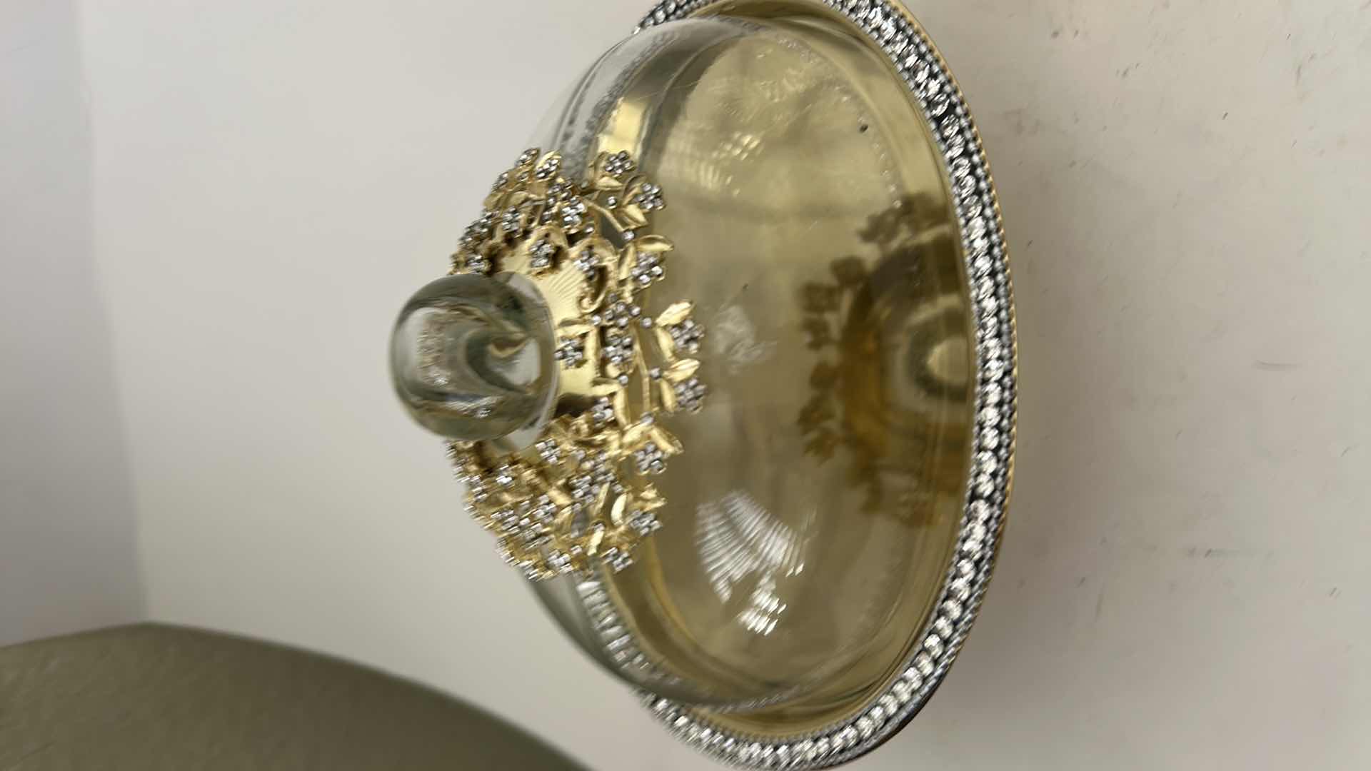 Photo 1 of CRYSTAL-ACCENTED GLASS DESSERT STAND H 7” & GOLD TONE LIDDED CANISTER WITH SHELL TOPPER