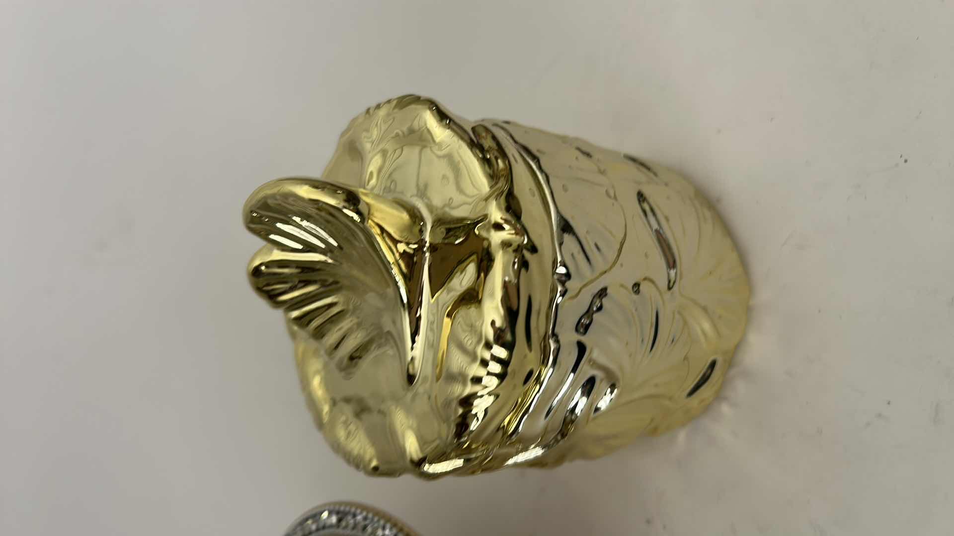 Photo 1 of CRYSTAL-ACCENTED GLASS DESSERT STAND H 7” & GOLD TONE LIDDED CANISTER WITH SHELL TOPPER